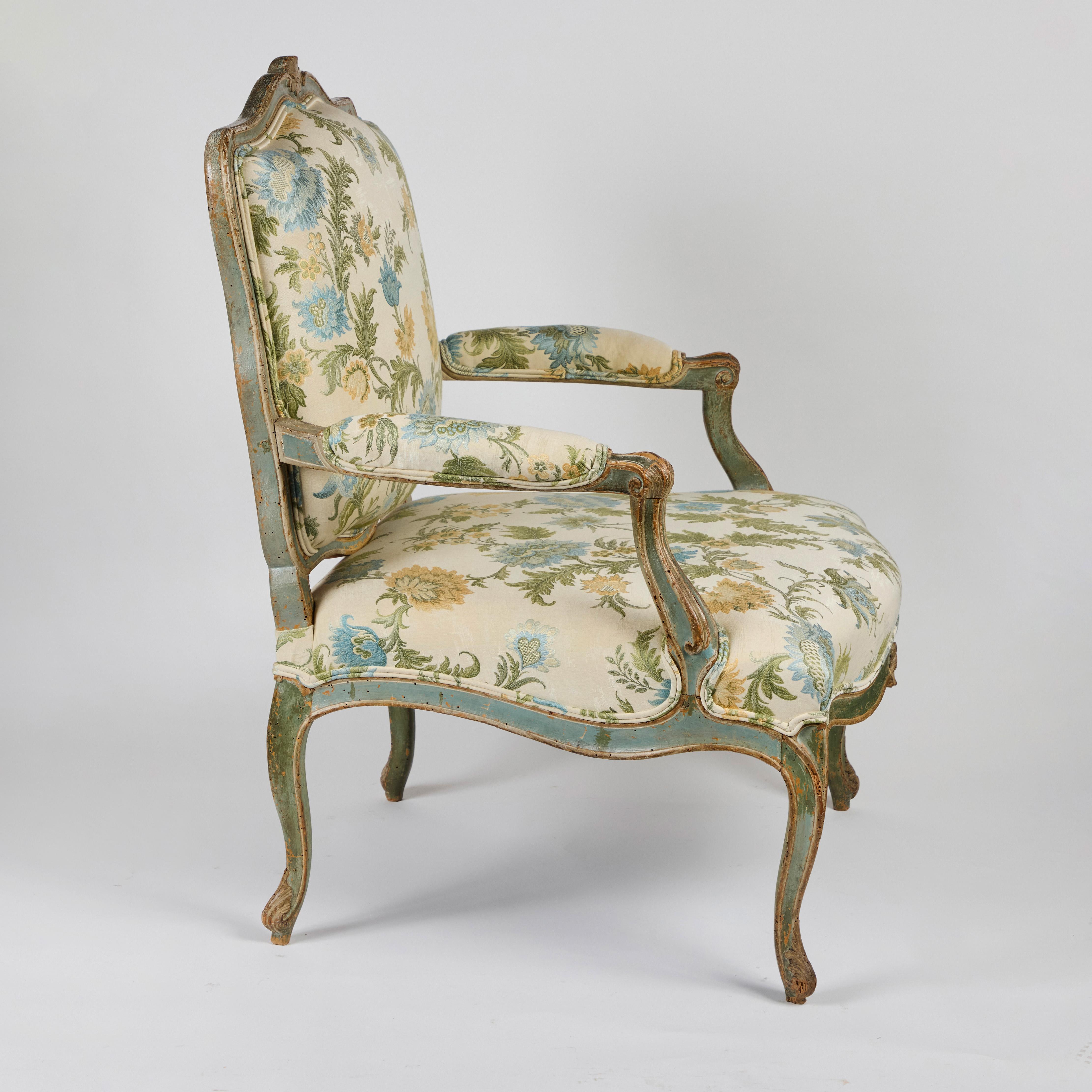 18th Century and Earlier 18th Century Painted French Armchair in Coraggio Fabric For Sale