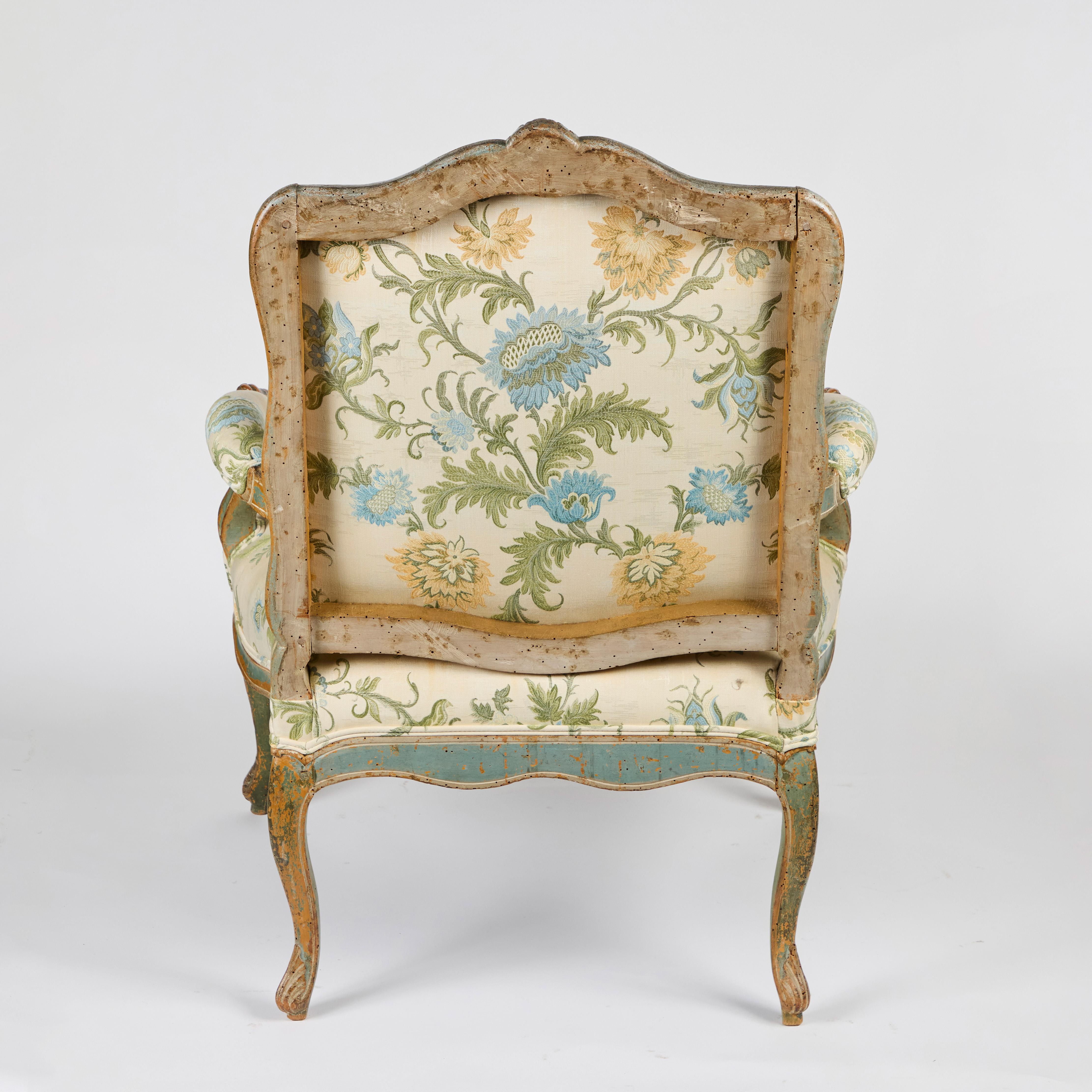 18th Century Painted French Armchair in Coraggio Fabric For Sale 2