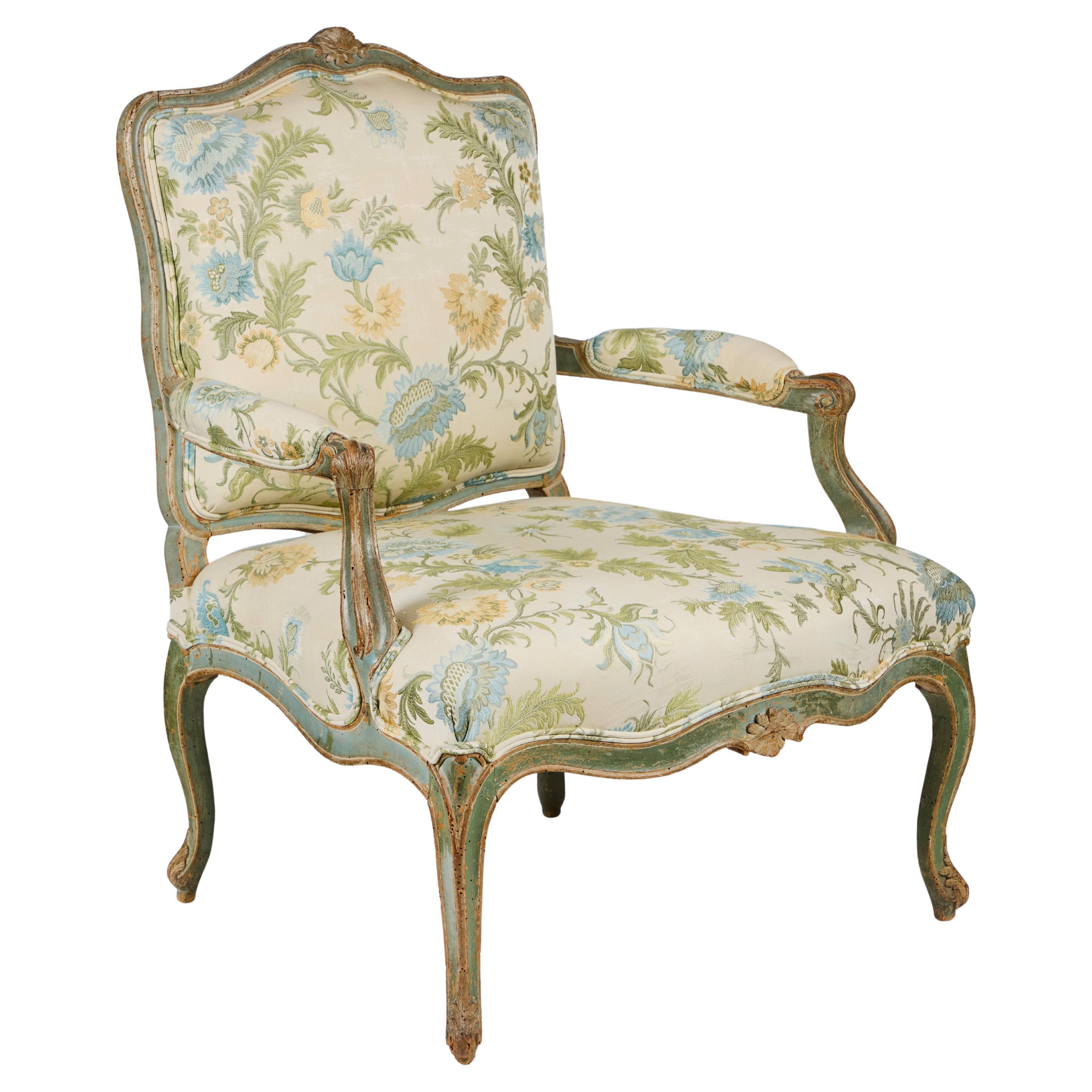 18th Century Painted French Armchair in Coraggio Fabric For Sale