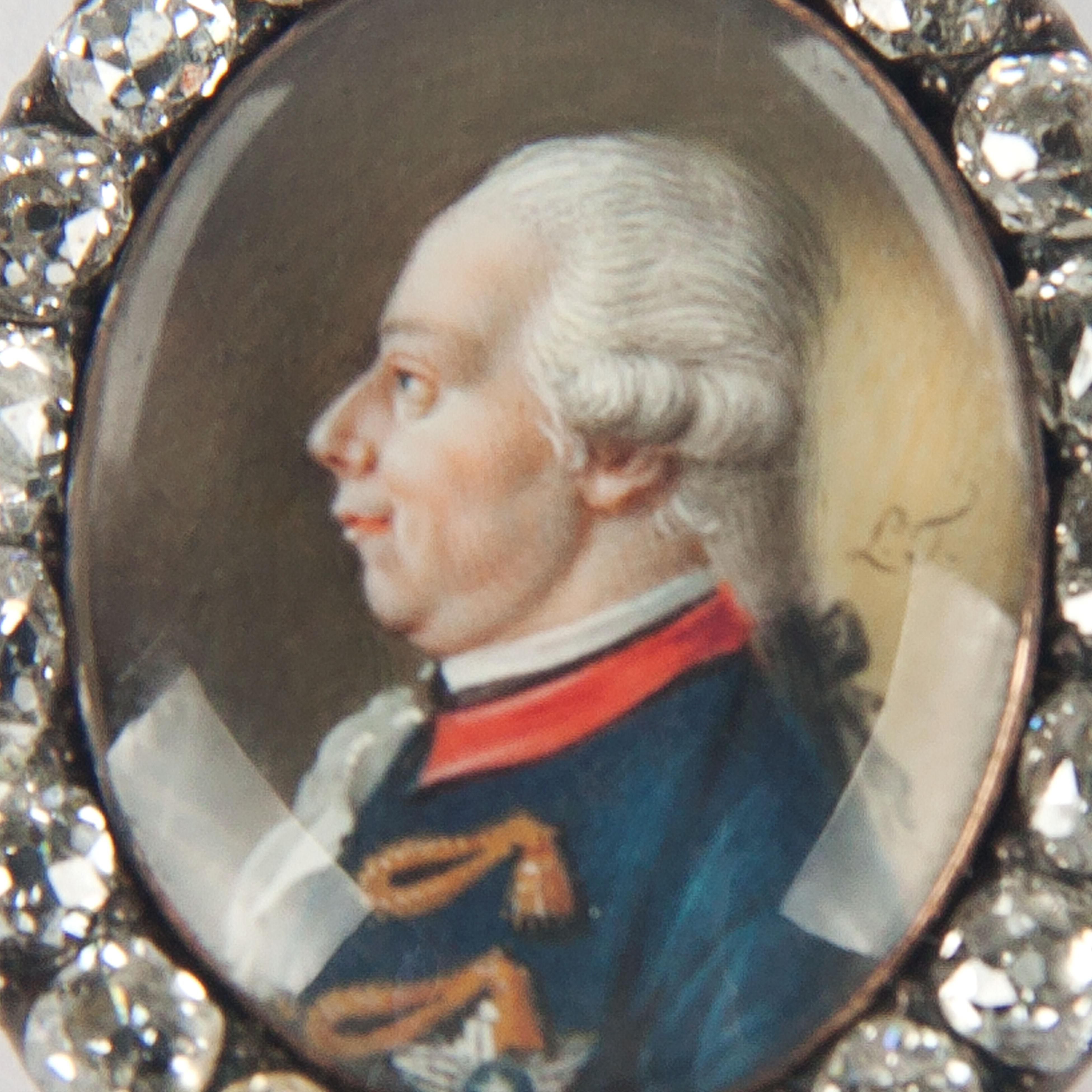 Dutch 18th Century Painted Miniature Golden Jewel with Diamonds Depicting William V.