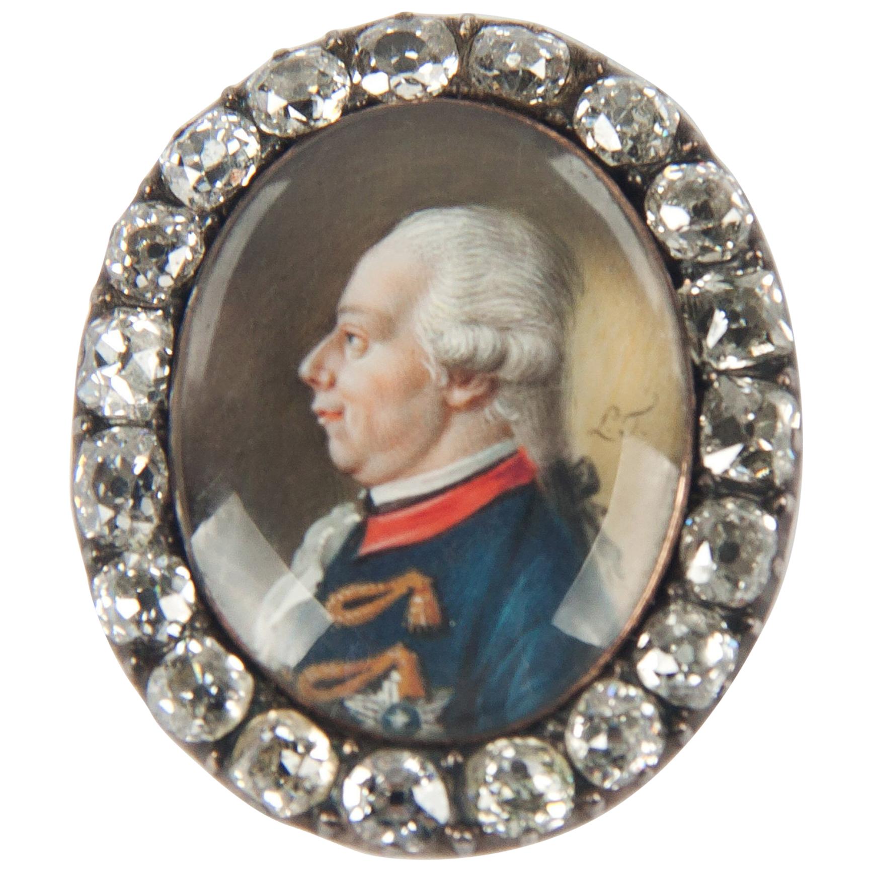 18th Century Painted Miniature Golden Jewel with Diamonds Depicting William V.