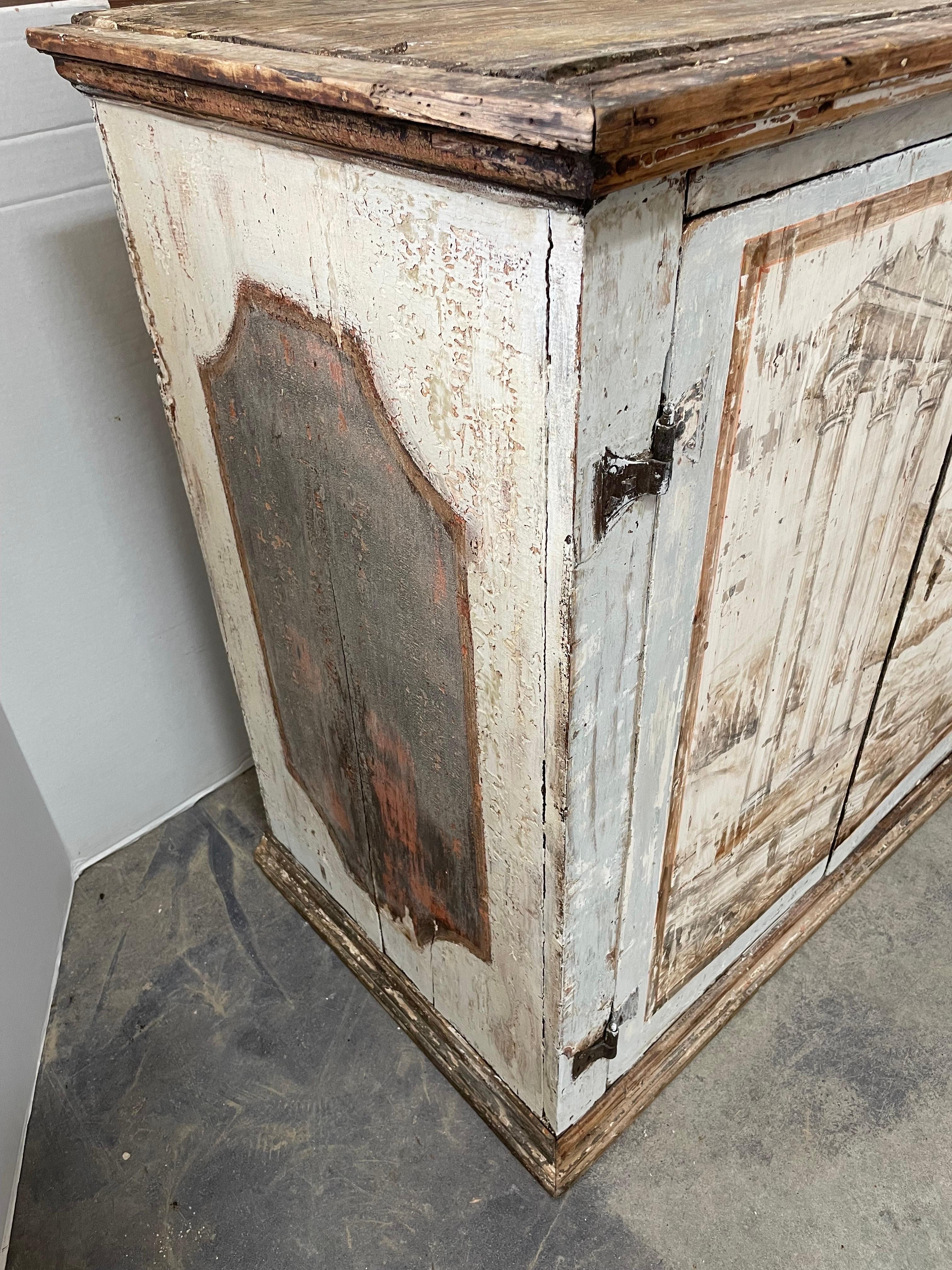 Wood 18th Century Painted Italian Buffet with Architectural Design For Sale