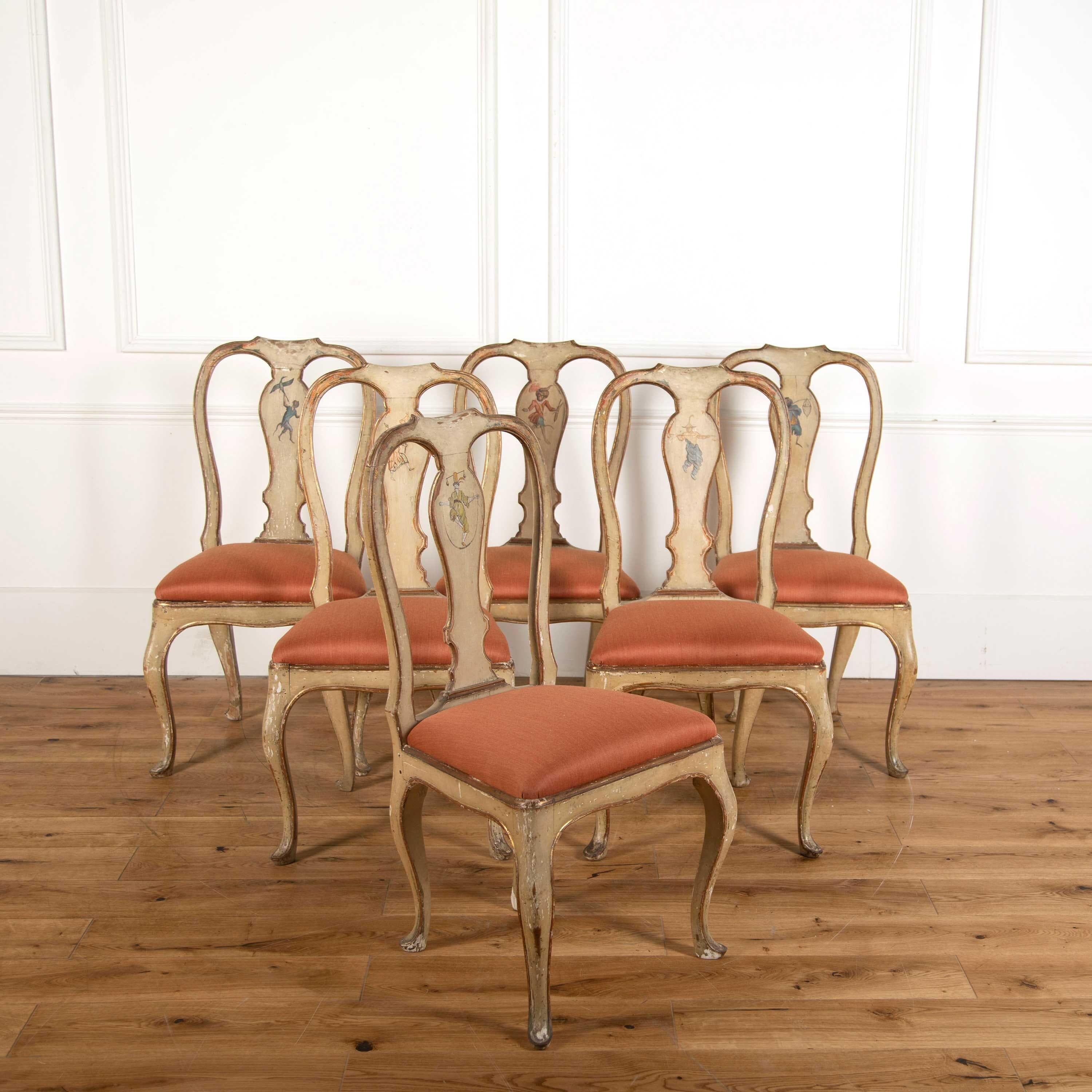 Set of six late 18th century Italian dining chairs in layers of historic paint.
       