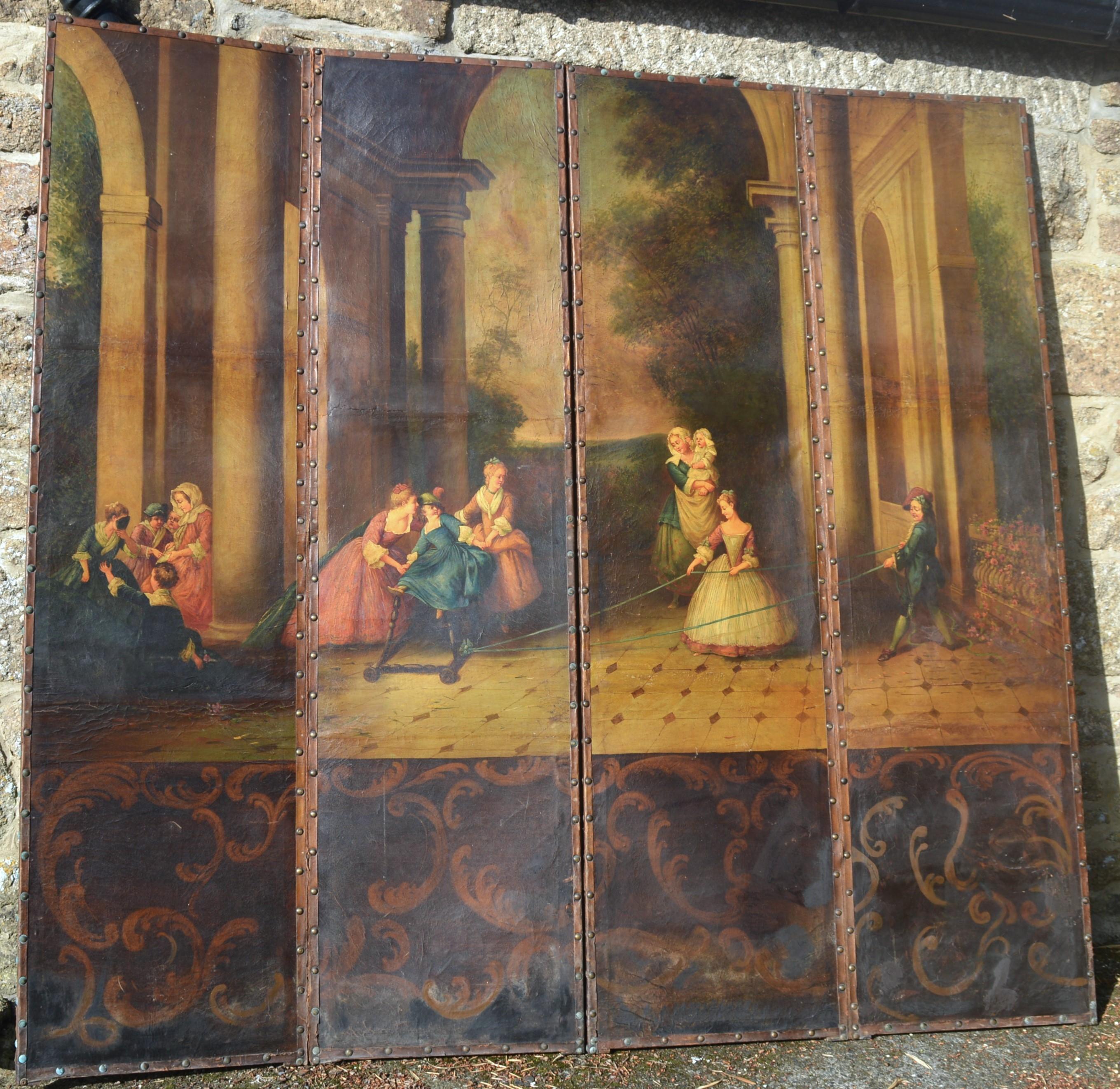 18th century painted leather screen For Sale 8
