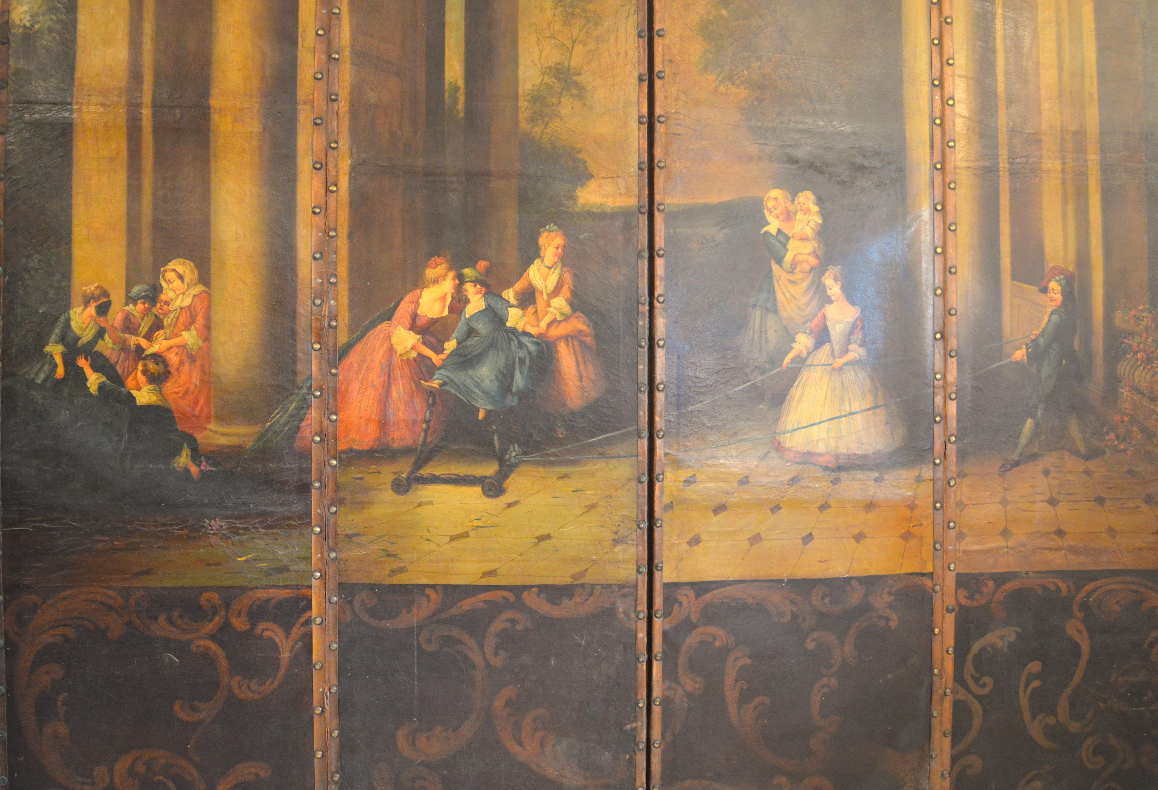 18th century Anglo-Dutch painted leather screen in country house condition. This screen was most likely made in England by Dutch craftsmen who settled in England during the time of William and Mary. The screen is large and could act as a room