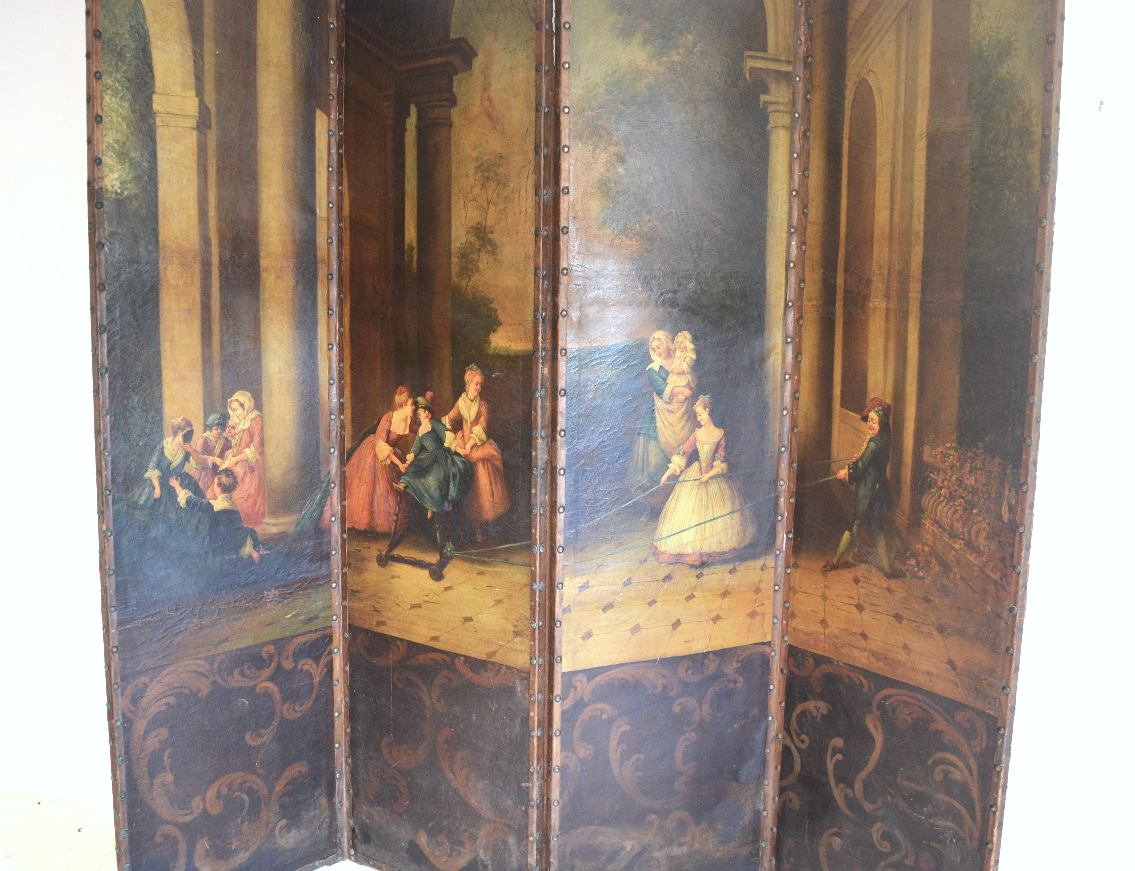 English 18th century painted leather screen For Sale