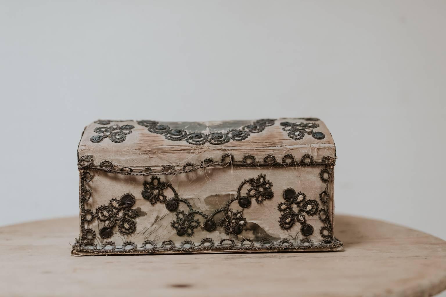 British 18th Century Painted Silk Jewelry Box For Sale