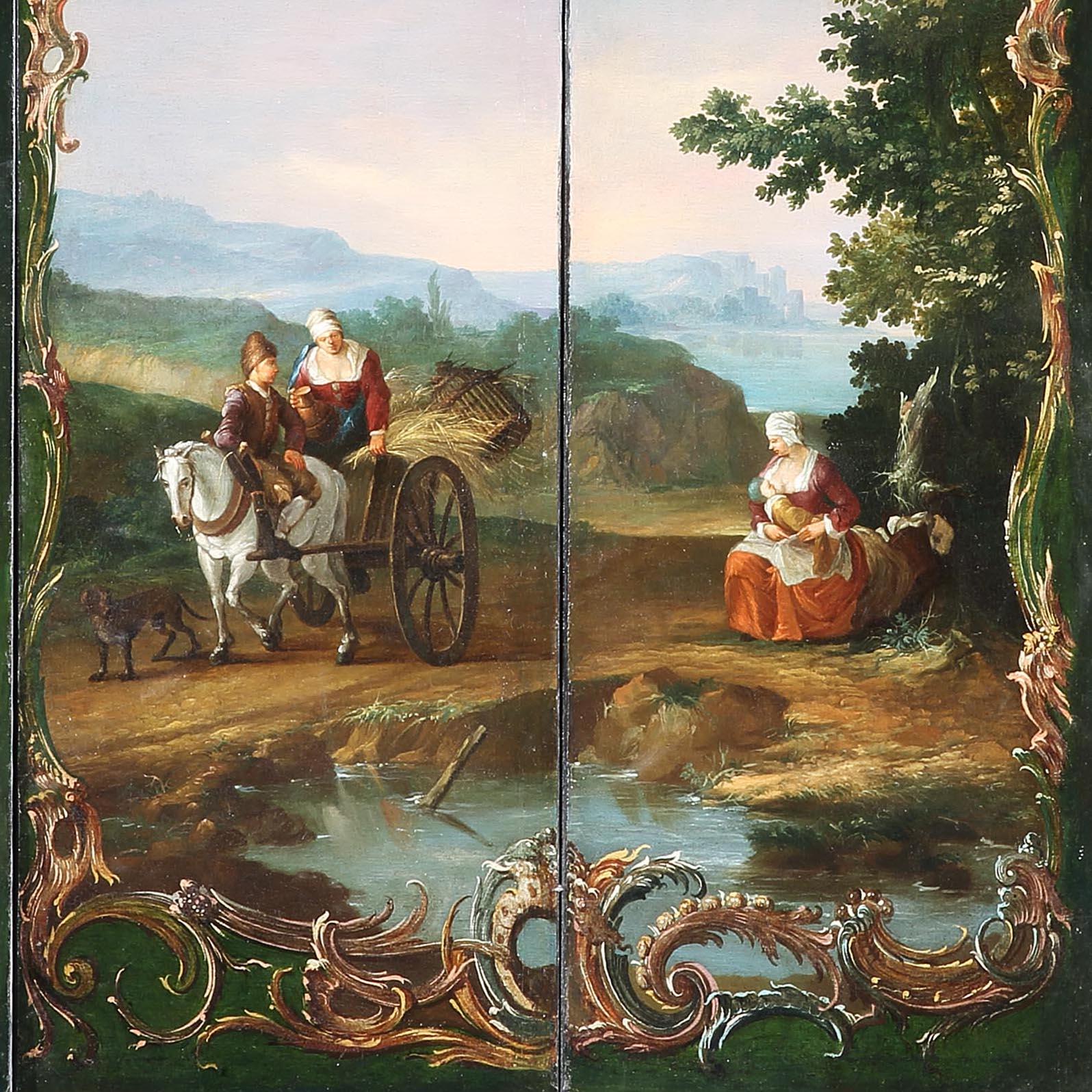 A six panelled screen of the late Baroque period

Oil on canvas, depicting a panoramic view of a Capriccio north European landscape, perhaps Schlesweig-Holstein, with distant views of the sea, the ruined castles, peasants, and a lady of quality