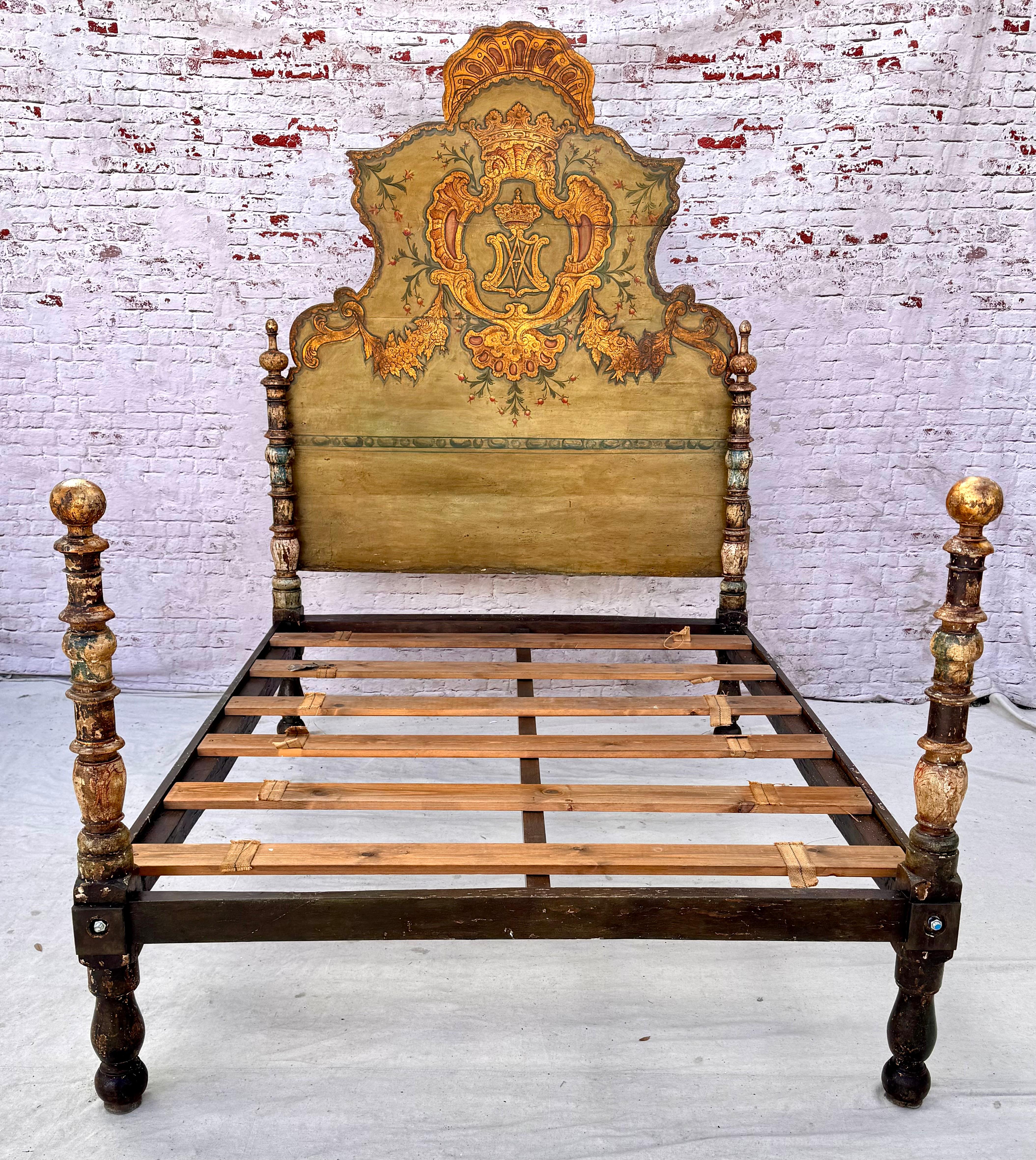 Stunningly beautiful 18th century Italian, Venetian, bed with with original painted headboard and frame. Headboard has gilt crown with gilt floral and scrolling as well as petite pink flowers and greenery, all on a beige green carved ornate
