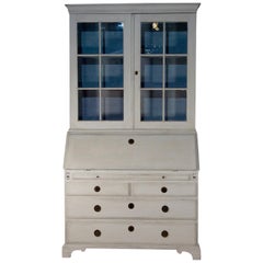 18th Century Painted Gustavian Swedish Bureaux Glazed Bookcase - White
