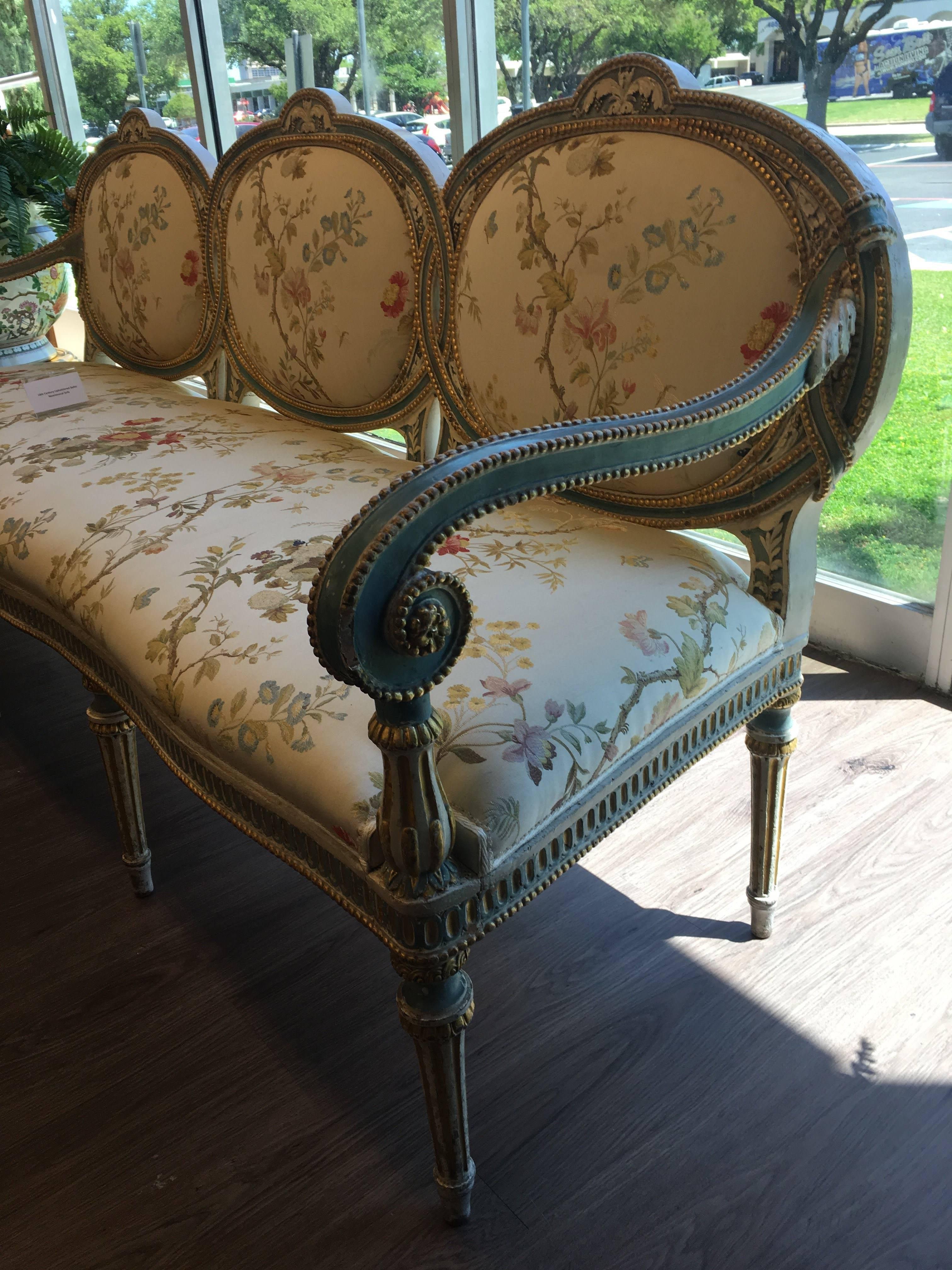 Hand-Carved 18th Century Painted Wood Frame and Custom Upholstered Baltic Neoclassical Sofa For Sale
