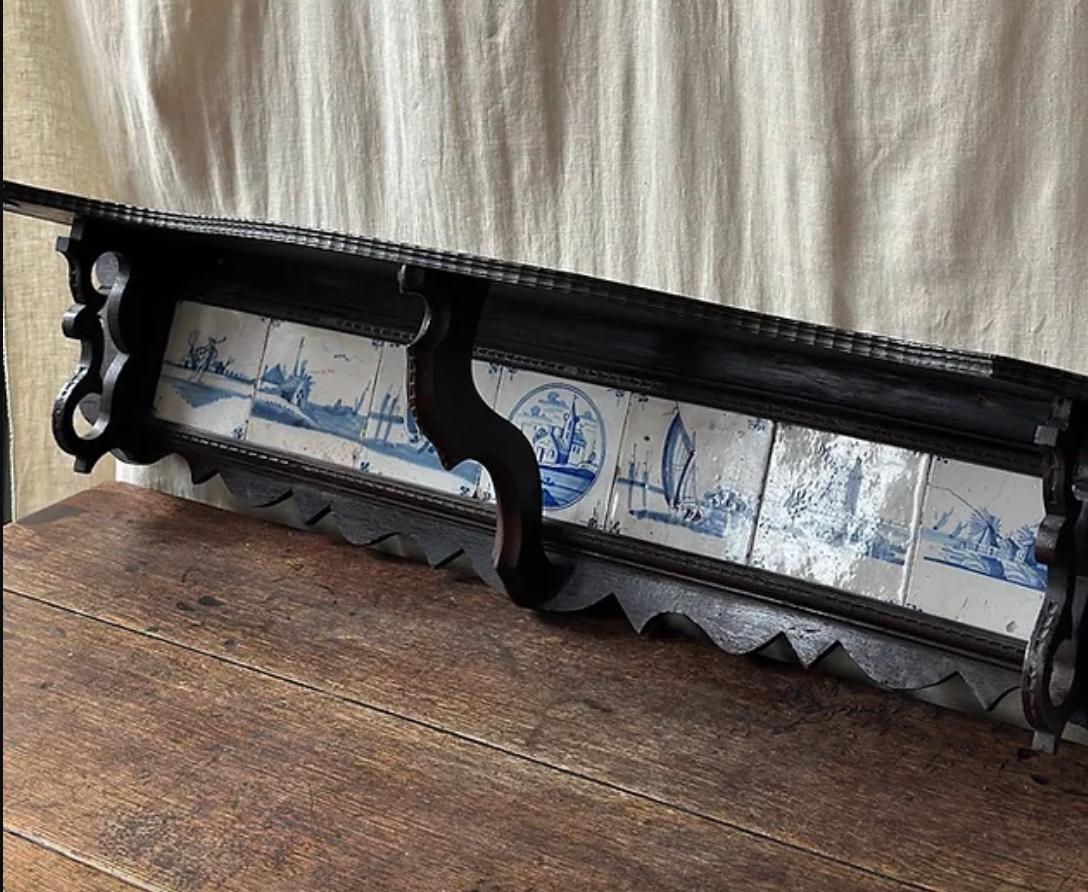 18th Century and Earlier 18th Century Painted Wooden Shelf With Delft Tiles For Sale