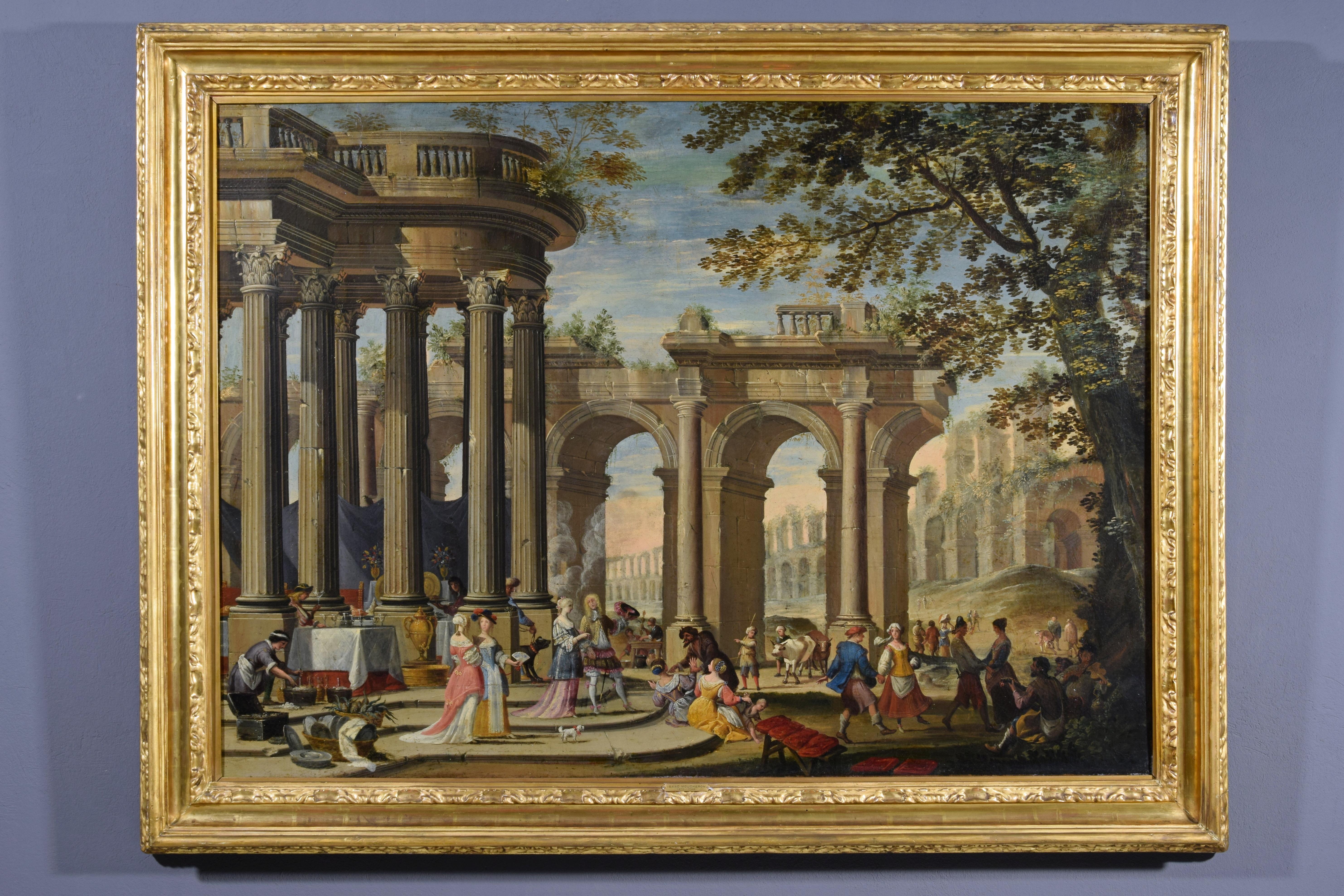 18th Century, Painting with Architectural Capriccio with figures, attributed to Isaac De Moucheron 
Measures: canvas cm H 108 x L 152; with frame cm H 132 x L 176 x 8

The painting is a significant example of architectural whim (that is,