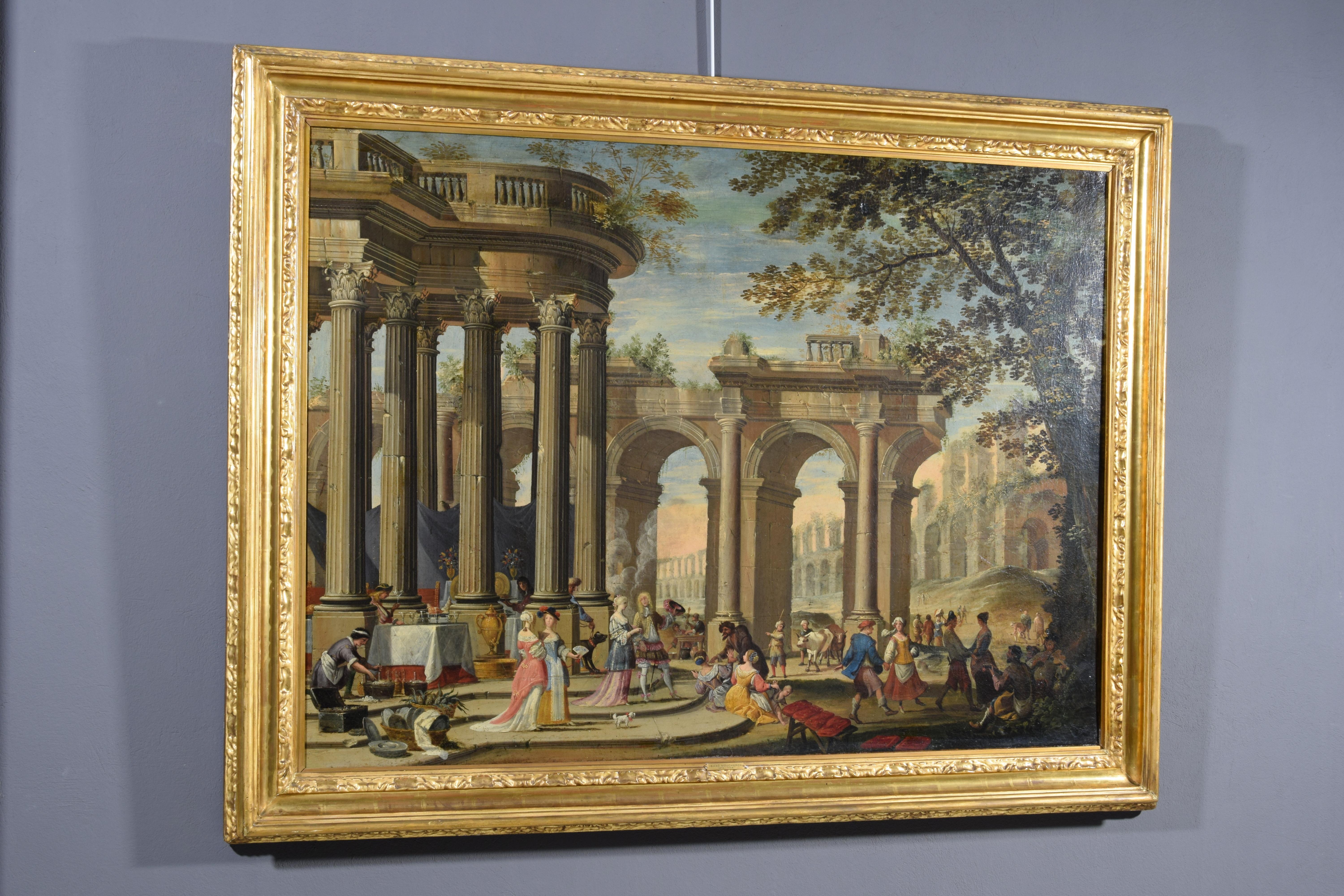 Baroque 18th Century, Painting Architectural Capriccio, att. to Isaac De Moucheron For Sale