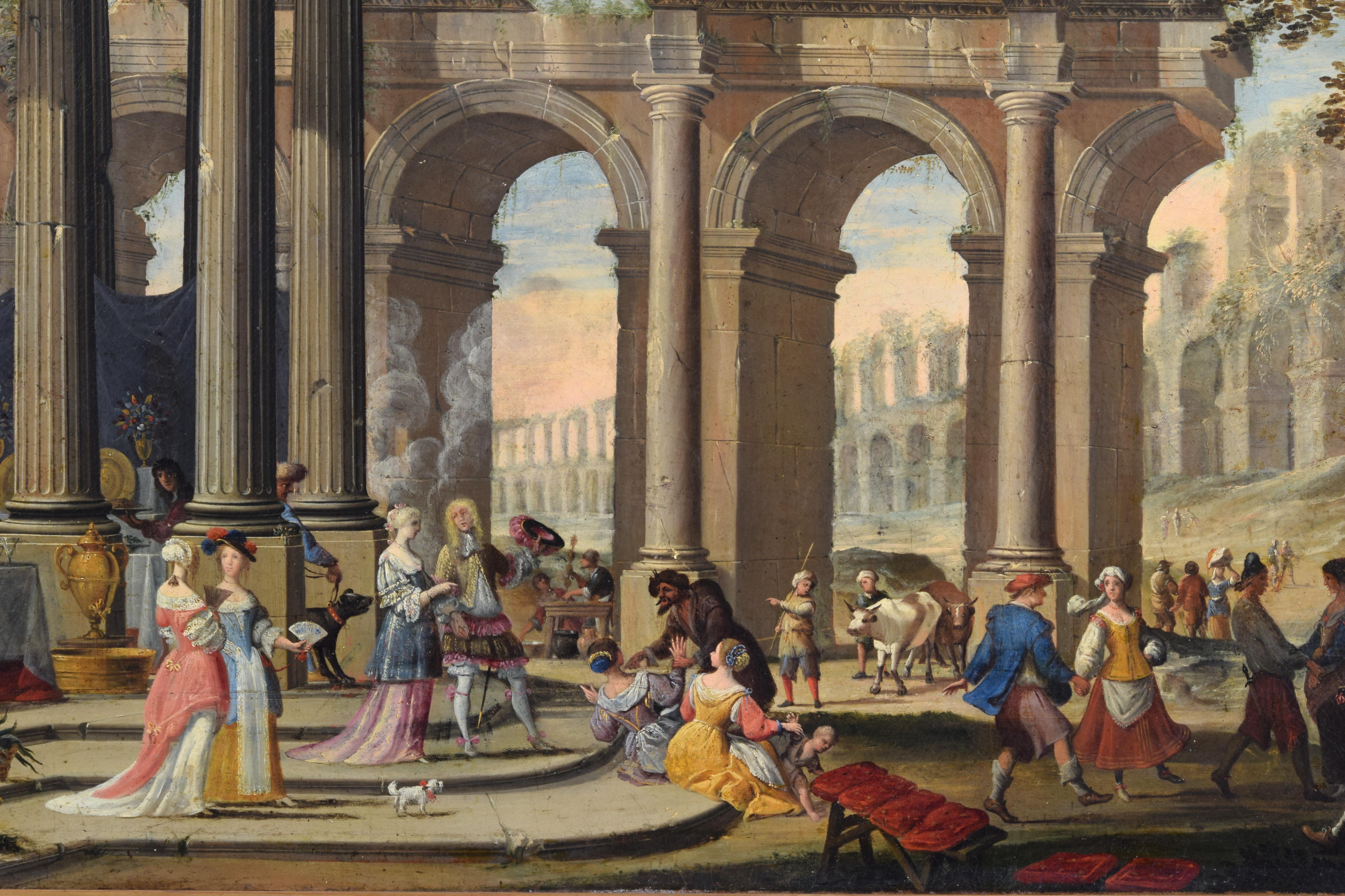 Hand-Painted 18th Century, Painting Architectural Capriccio, att. to Isaac De Moucheron For Sale