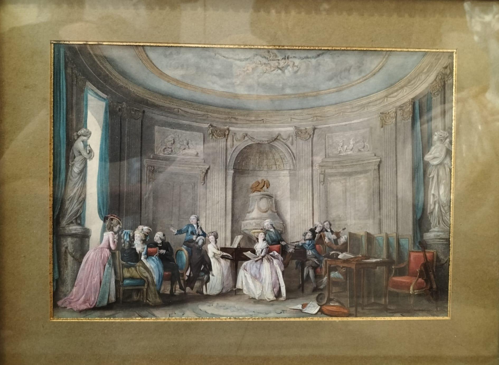 We present you with this unique 18th-century painting in gouache that portrays an elegant scene set in a lavishly decorated interior, likely a salon in a grand residence. The setting features neoclassical architectural elements such as tall columns,