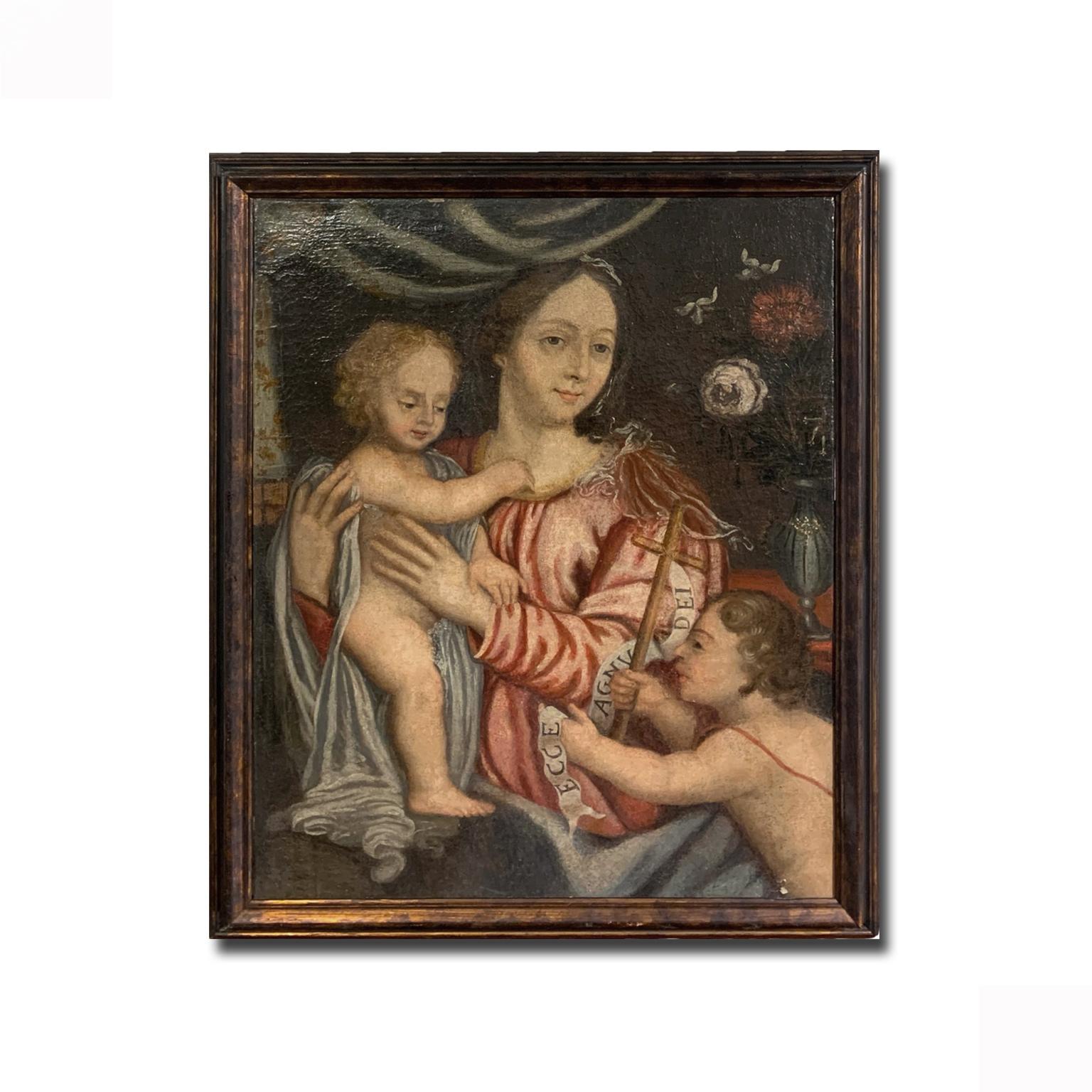 18th CENTURY PAINTING MADONNA WITH CHILD AND SAINT JOHN  For Sale 3
