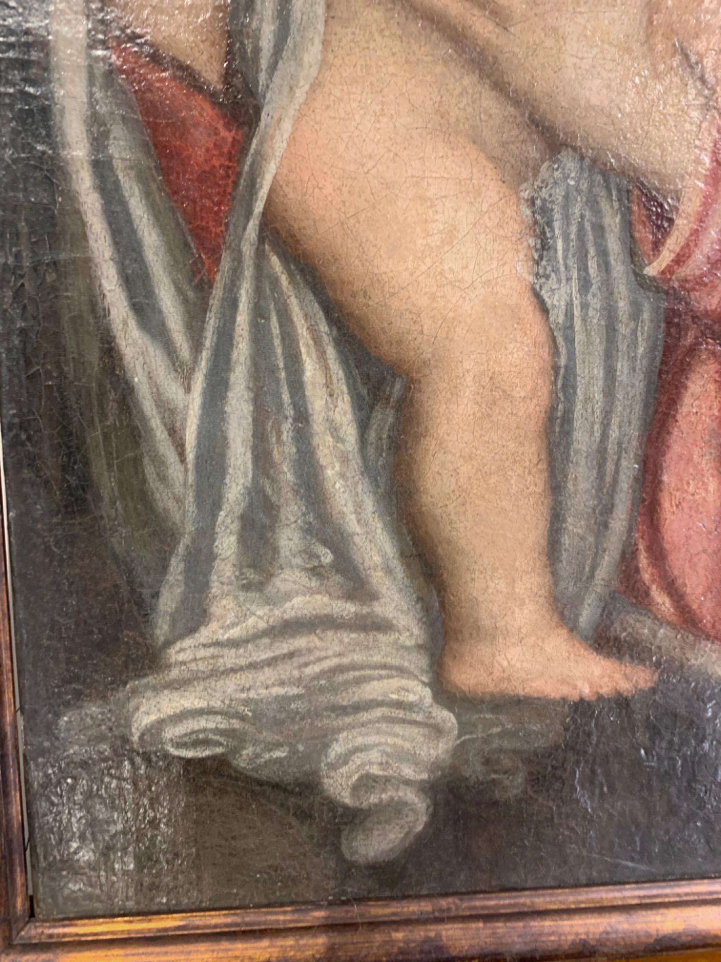 Belle huile sur toile datant de l'école piémontaise du début du 18e siècle. L'œuvre représente la Vierge avec l'Enfant Jésus dans ses bras et, à côté, l'enfant Saint Jean. Sur le bandeau de la robe de la Vierge est écrit 