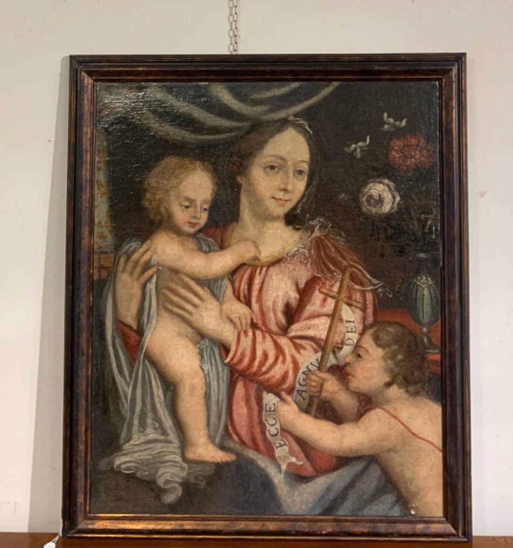 18th CENTURY PAINTING MADONNA WITH CHILD AND SAINT JOHN  For Sale 2