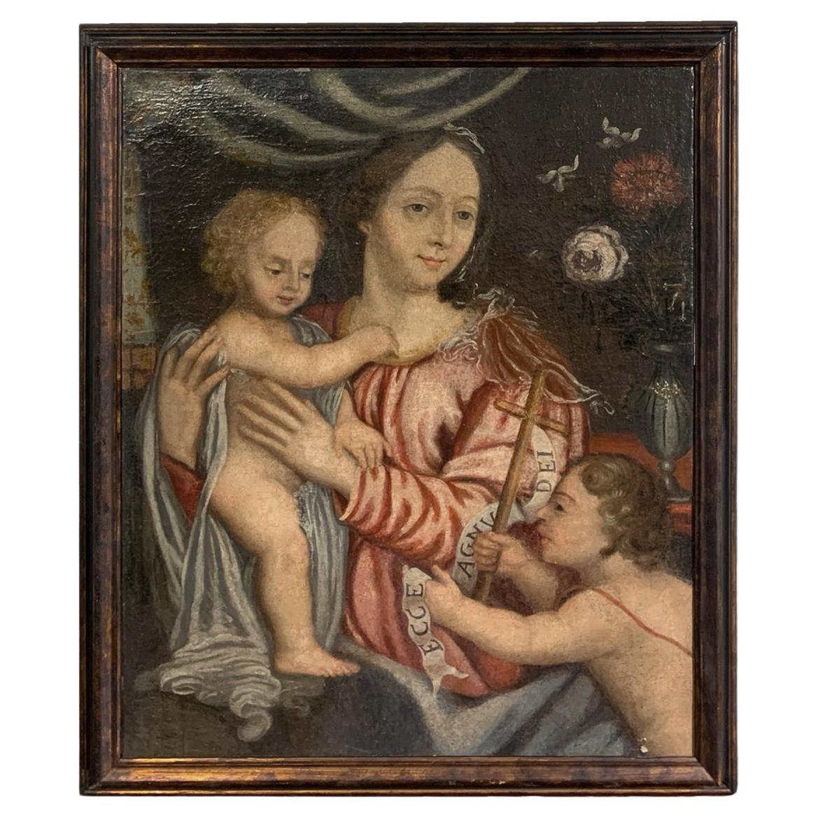 18th CENTURY PAINTING MADONNA WITH CHILD AND SAINT JOHN  For Sale