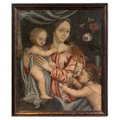 Antique 18th CENTURY PAINTING MADONNA WITH CHILD AND SAINT JOHN 