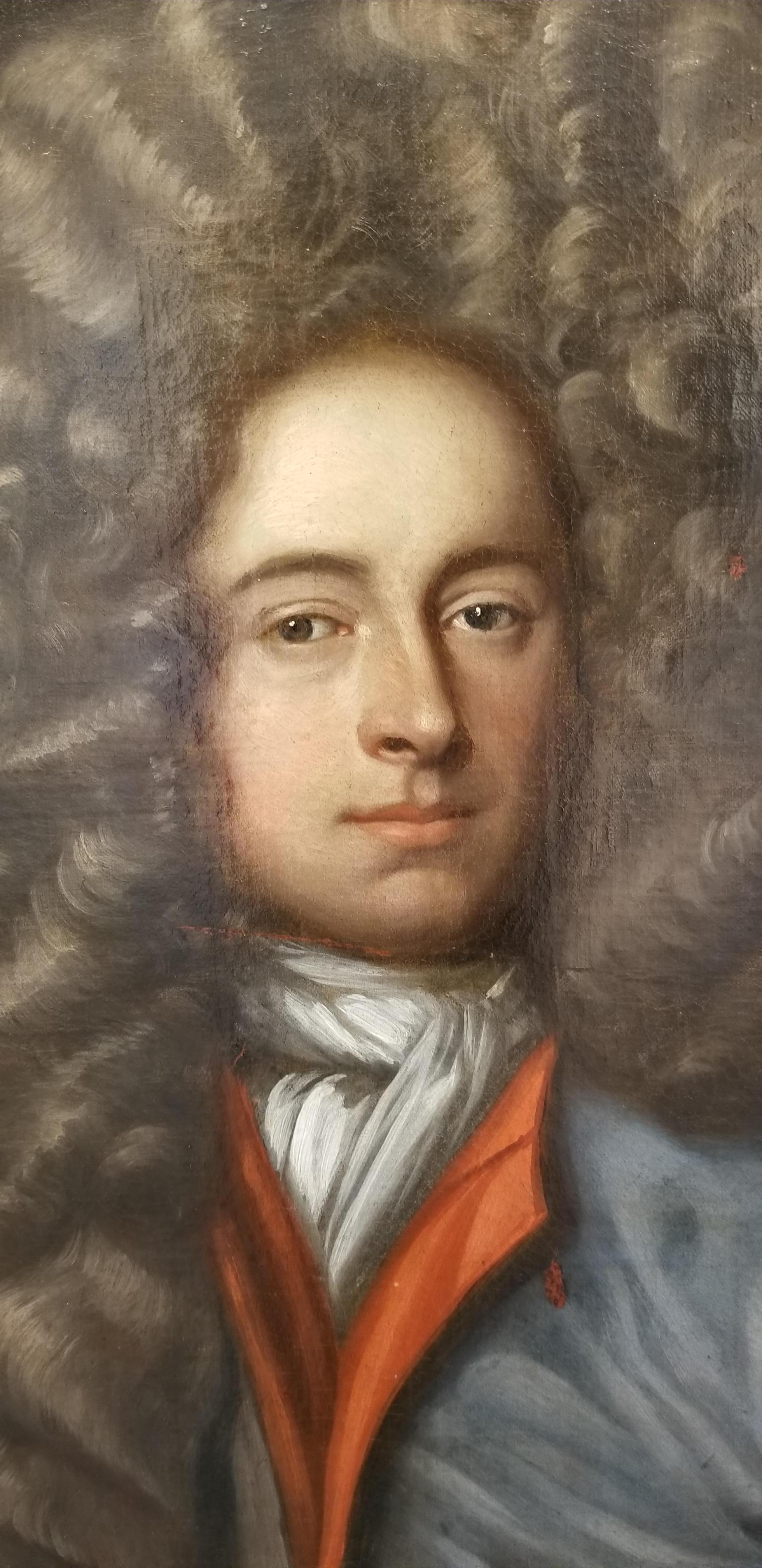A fine 18th century oval portrait painting of a European nobleman in a period frame. John Linn label on frame, antique dealers and restorers located in Scarborough, England from 1905-1925. Pencil on verso of canvas 