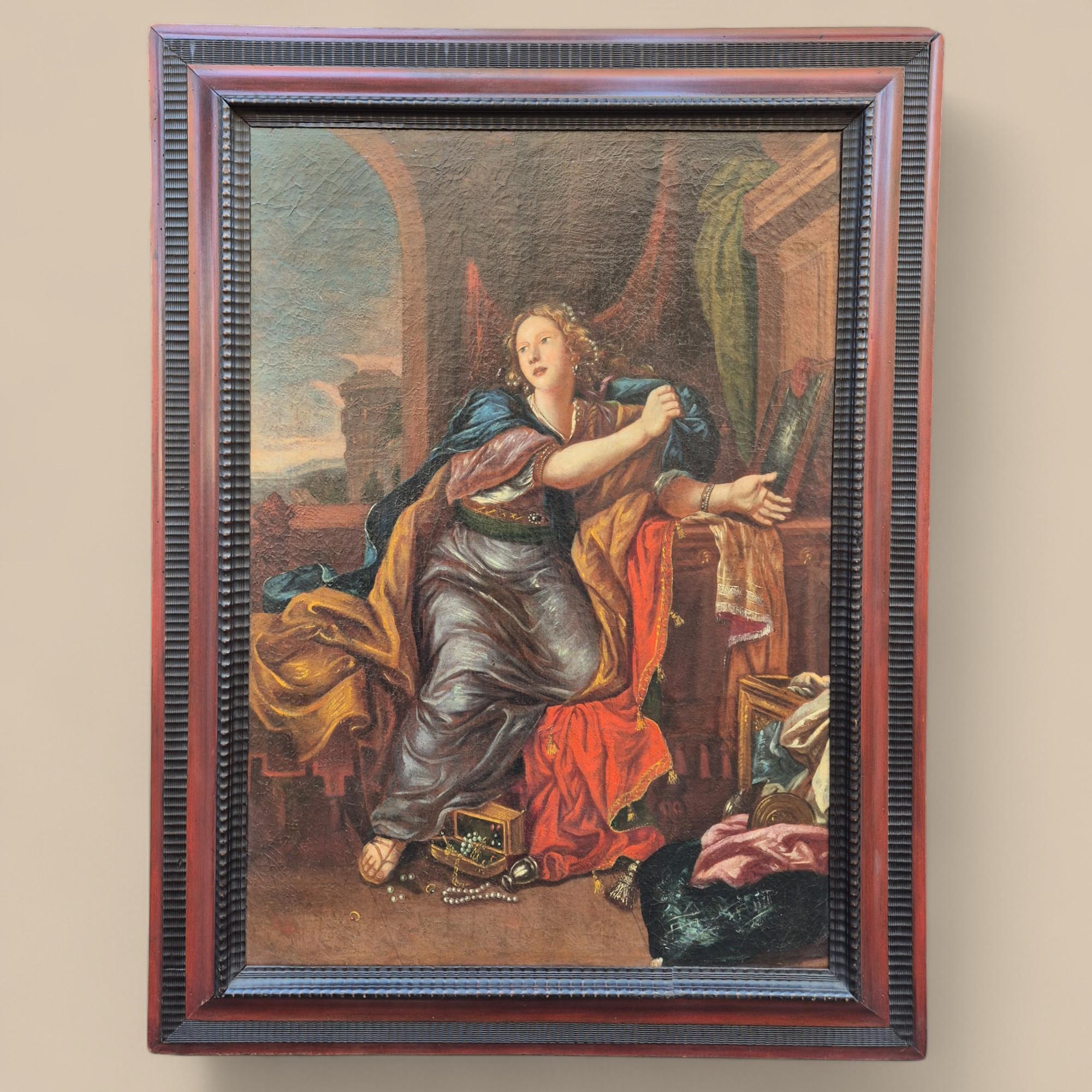 Gemälde aus dem 18. Jahrhundert, das die Heilige Maria Magdalena darstellt, die sich von den Eitelkeiten der Welt lossagt, nach einer berühmten Komposition von Charles Le Brun (1619-1690), dem ersten Maler von König Ludwig XIV. Dieses kraftvolle