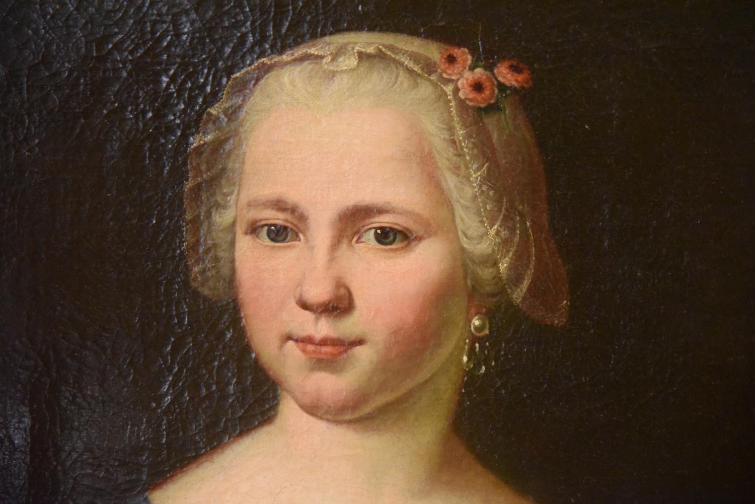 Hand-Painted 18th Century Painting Portraying Young Girl Louis XV France Oil on Canvas, 1700s For Sale