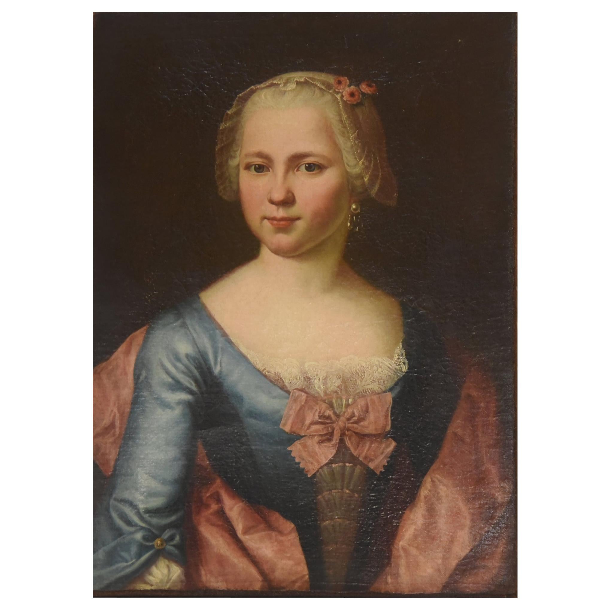 18th Century Painting Portraying Young Girl Louis XV France Oil on Canvas, 1700s For Sale