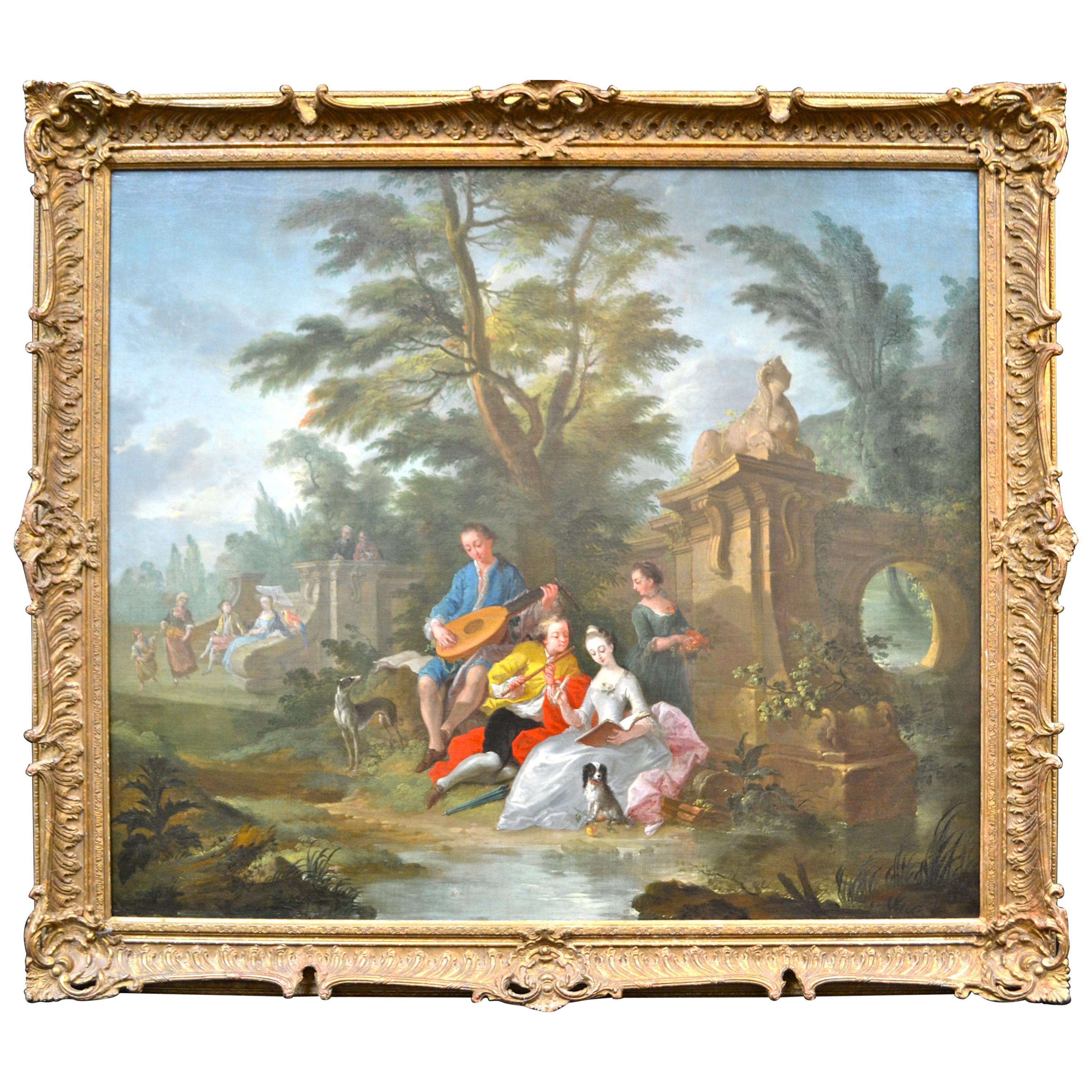 Peinture du 18e siècle représentant des personnages dans un paysage attribuée à Pater