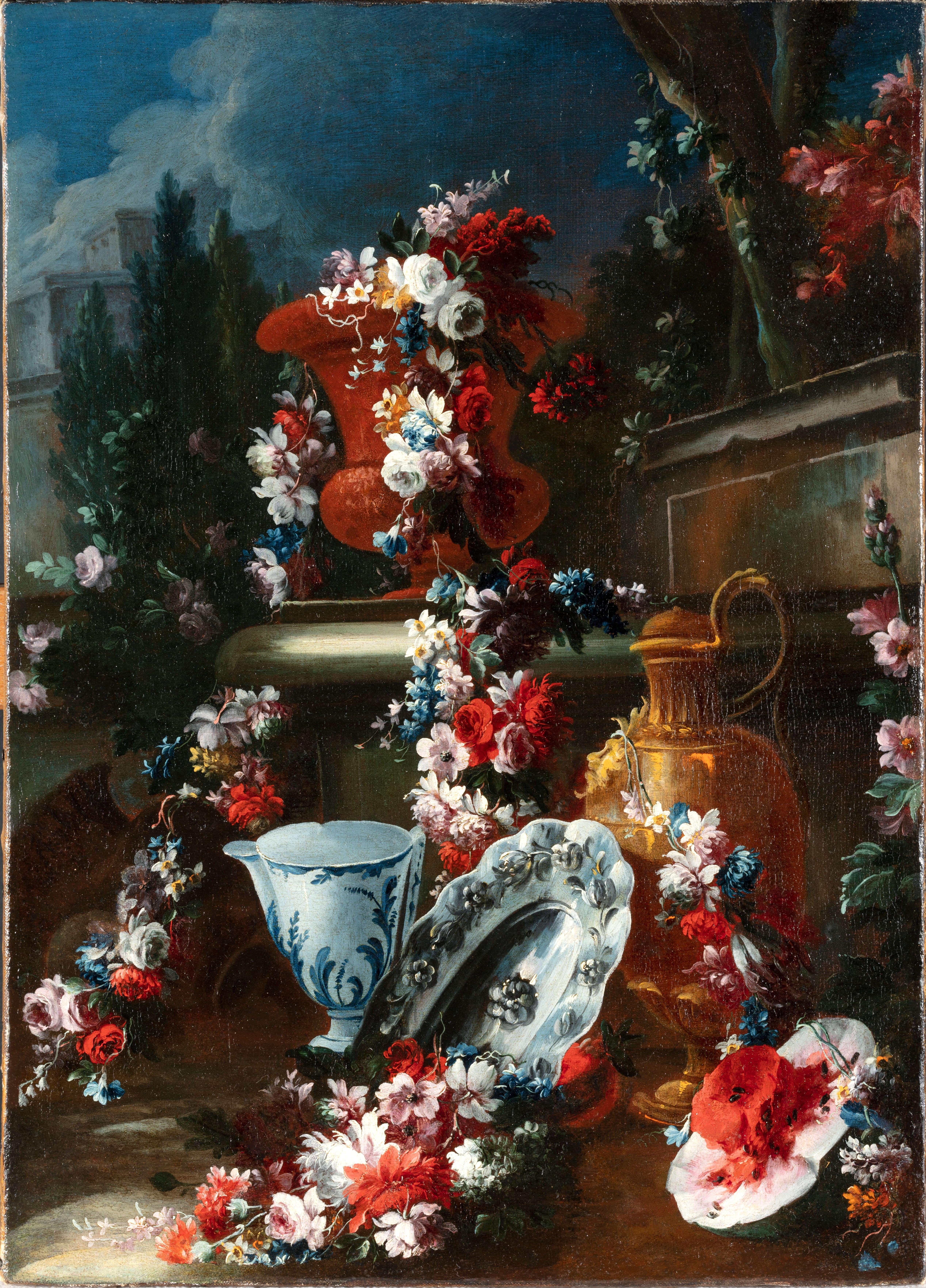 Francesco Lavagna (Naples 1684-1724)
Still life with arrangement of flowers and watermelon
Oil on canvas.
cm with frame H 75 x W 60 x D 7. only canvas cm W 39 x H 54 

The painting, of remarkable quality and in good state of maintenance, represents