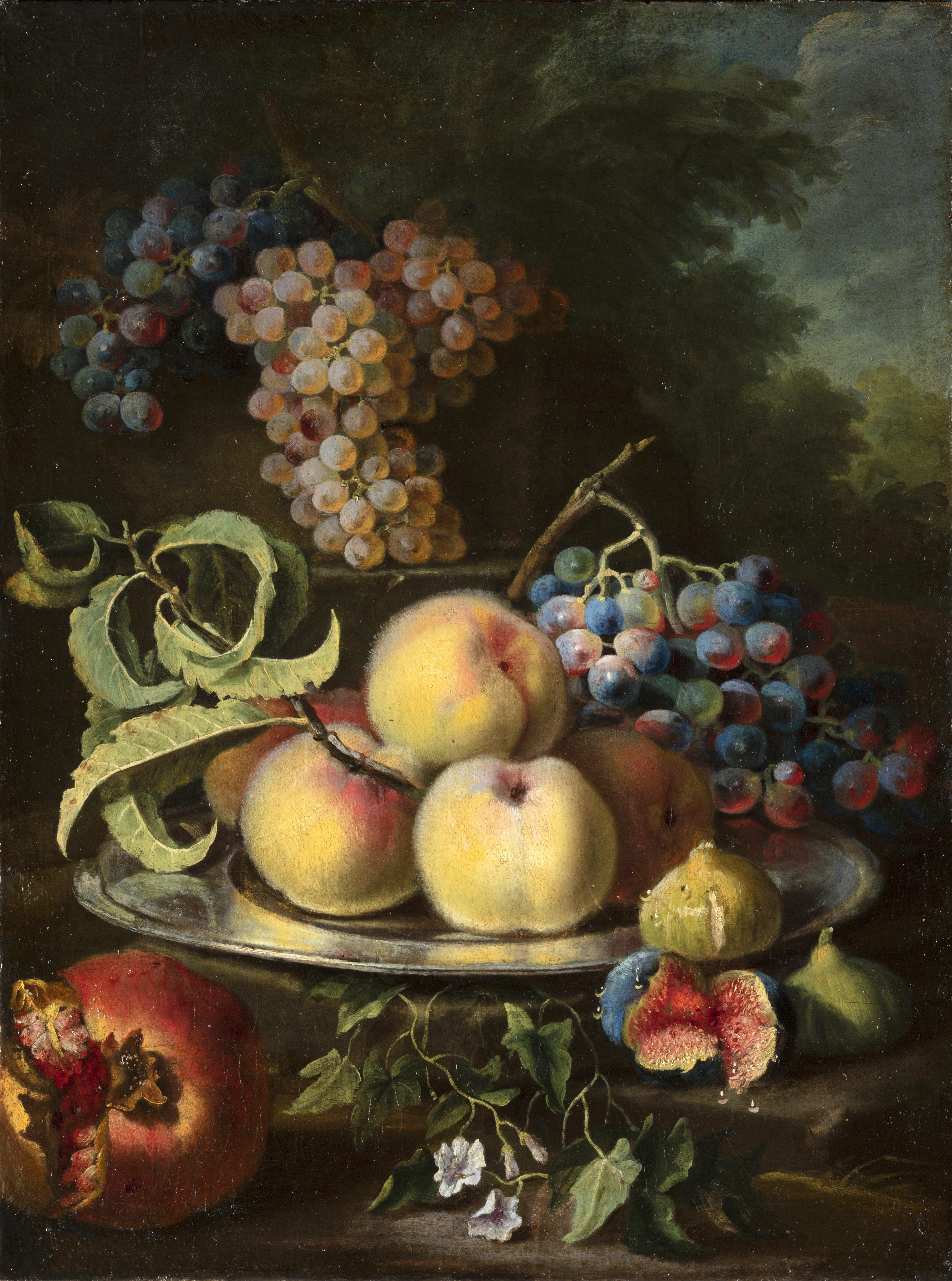 Maximilian Pfeiler (active Rome, circa 1694-circa 1721 Budapest)

Still life with peaches, grapes, figs and pomegranate

Oil on canvas, Measures: cm H 63,5 x W 47. With frame cm H 97,5 x W 85 x W 7,5

The canvas, of fine workmanship,