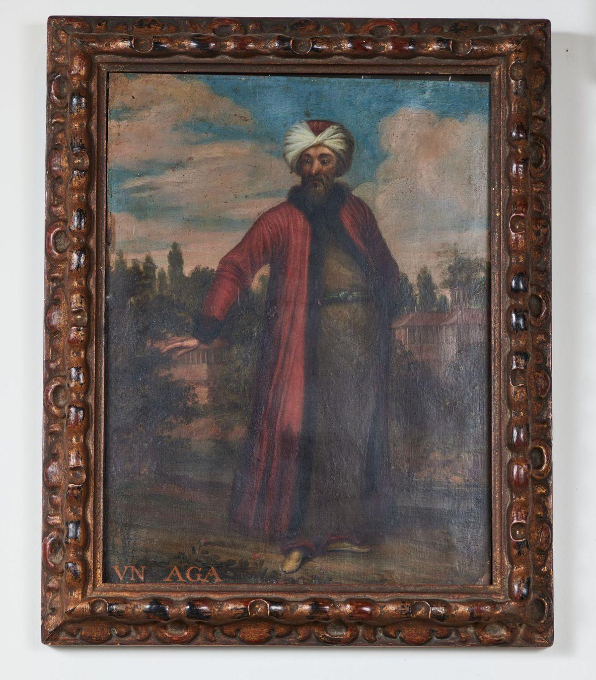 A remarkable trio of 18th century, oil-on-copper paintings of, Ottoman Empire figures in colorful robes and accouterments, posing in European style landscapes. Each figure is labeled on the lower left, and reveals their rank in an elite infantry