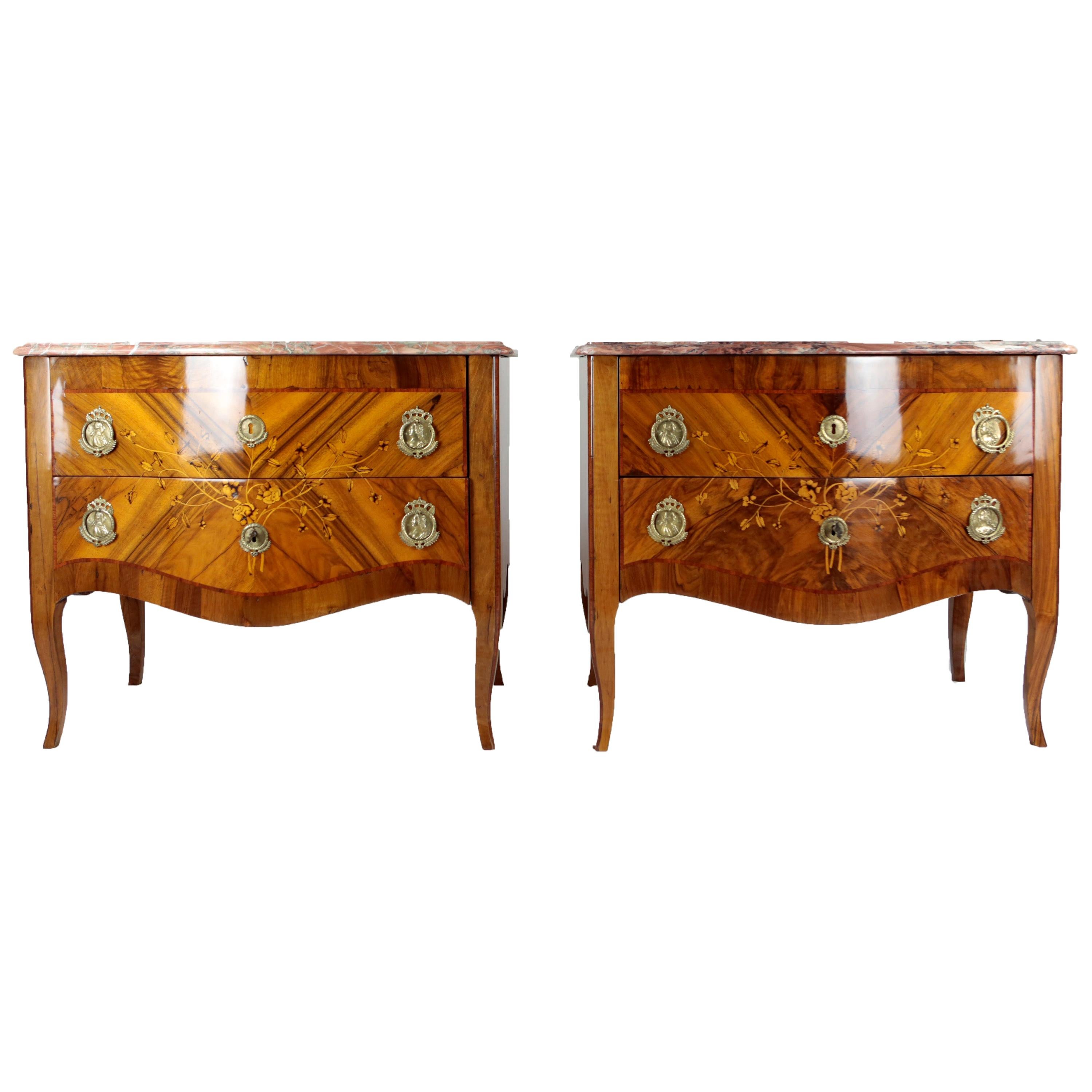 18th Century Pair Chest of Drawers, Austria, circa 1760-1790, Marble Top Nutwood For Sale