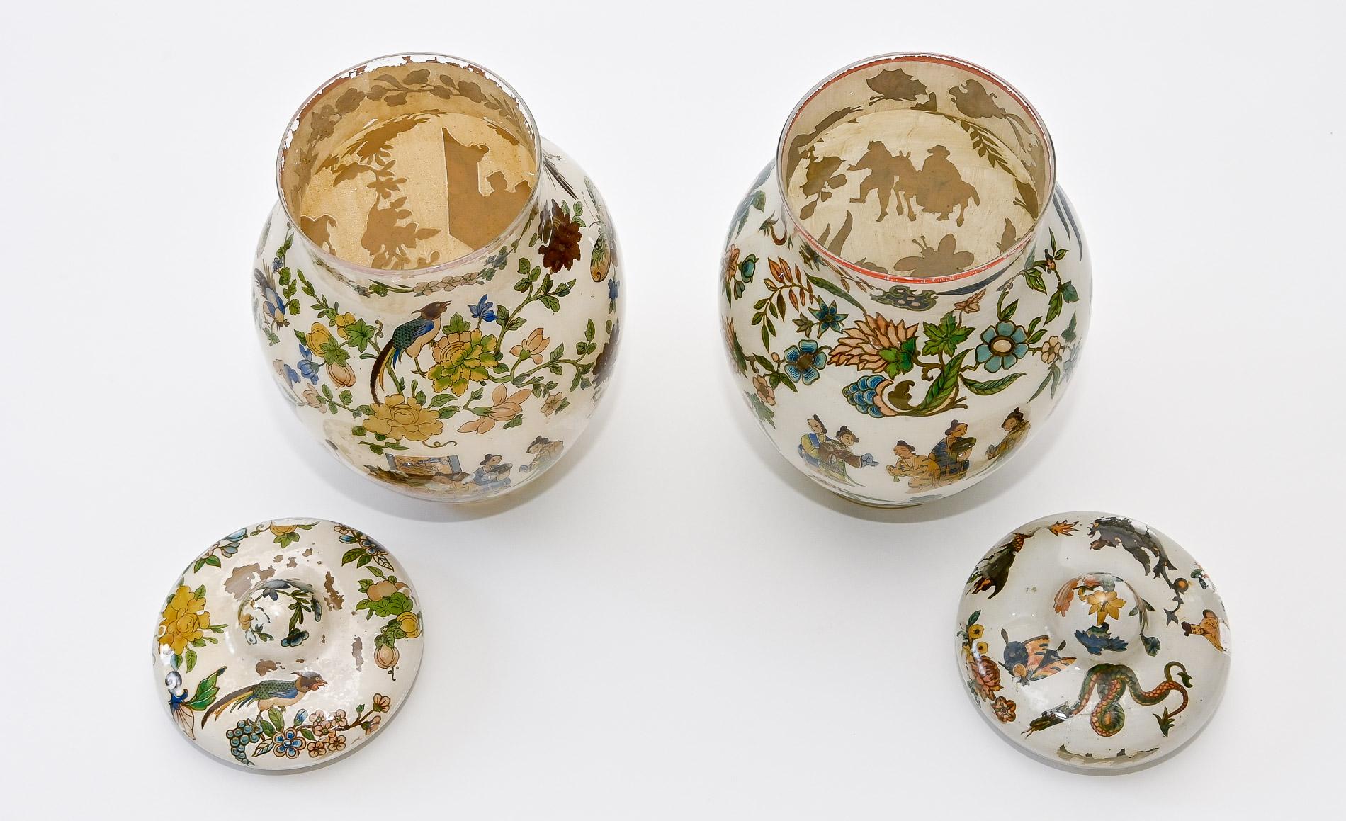 18th Century Pair Decalcomania Glass Vases Piemonte Italy Arte Povera 5