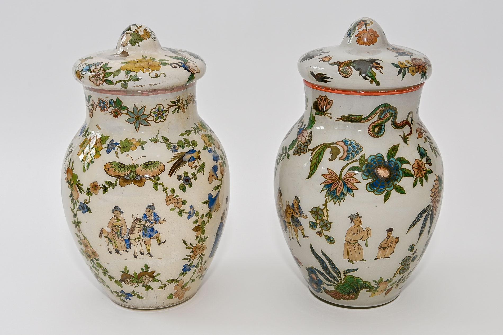 Italian 18th Century Pair Decalcomania Glass Vases Piemonte Italy Arte Povera