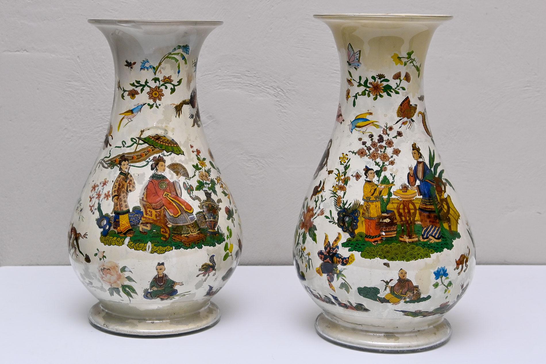 18th Century Pair Decalcomania Glass Vases Piemonte Italy Arte Povera In Fair Condition For Sale In Epfach, DE