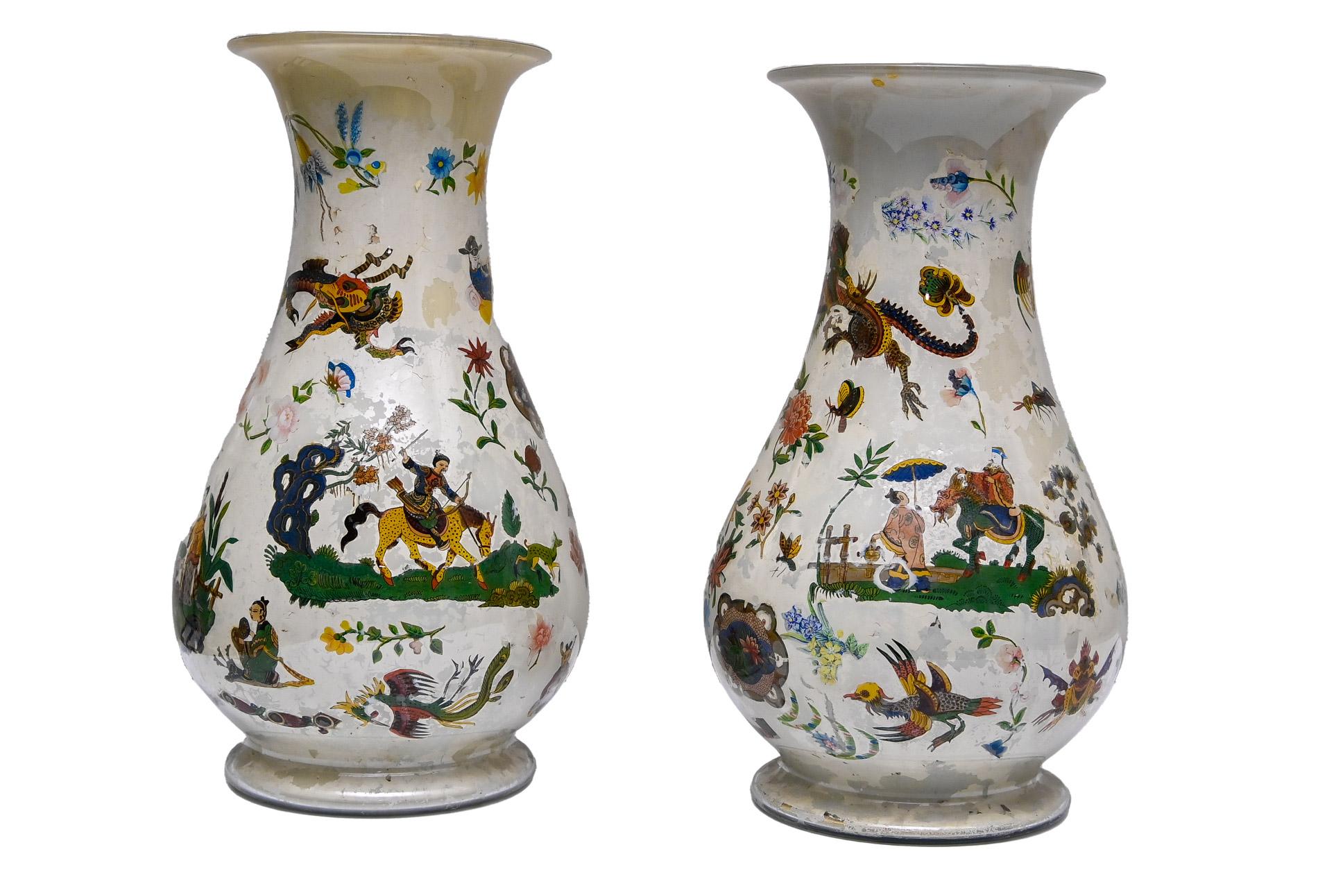 18th Century Pair Decalcomania Glass Vases Piemonte Italy Arte Povera For Sale 1