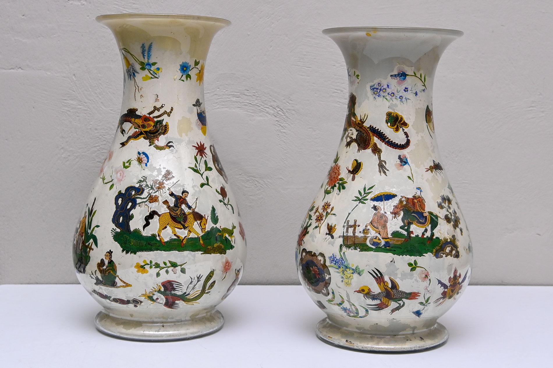 18th Century Pair Decalcomania Glass Vases Piemonte Italy Arte Povera For Sale 2