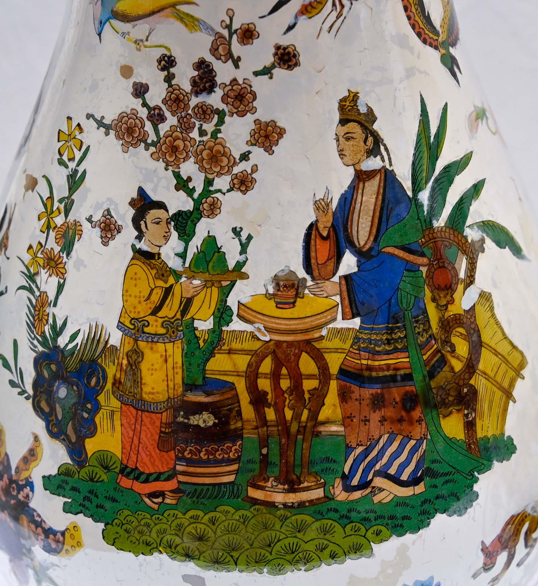 18th Century Pair Decalcomania Glass Vases Piemonte Italy Arte Povera For Sale 3