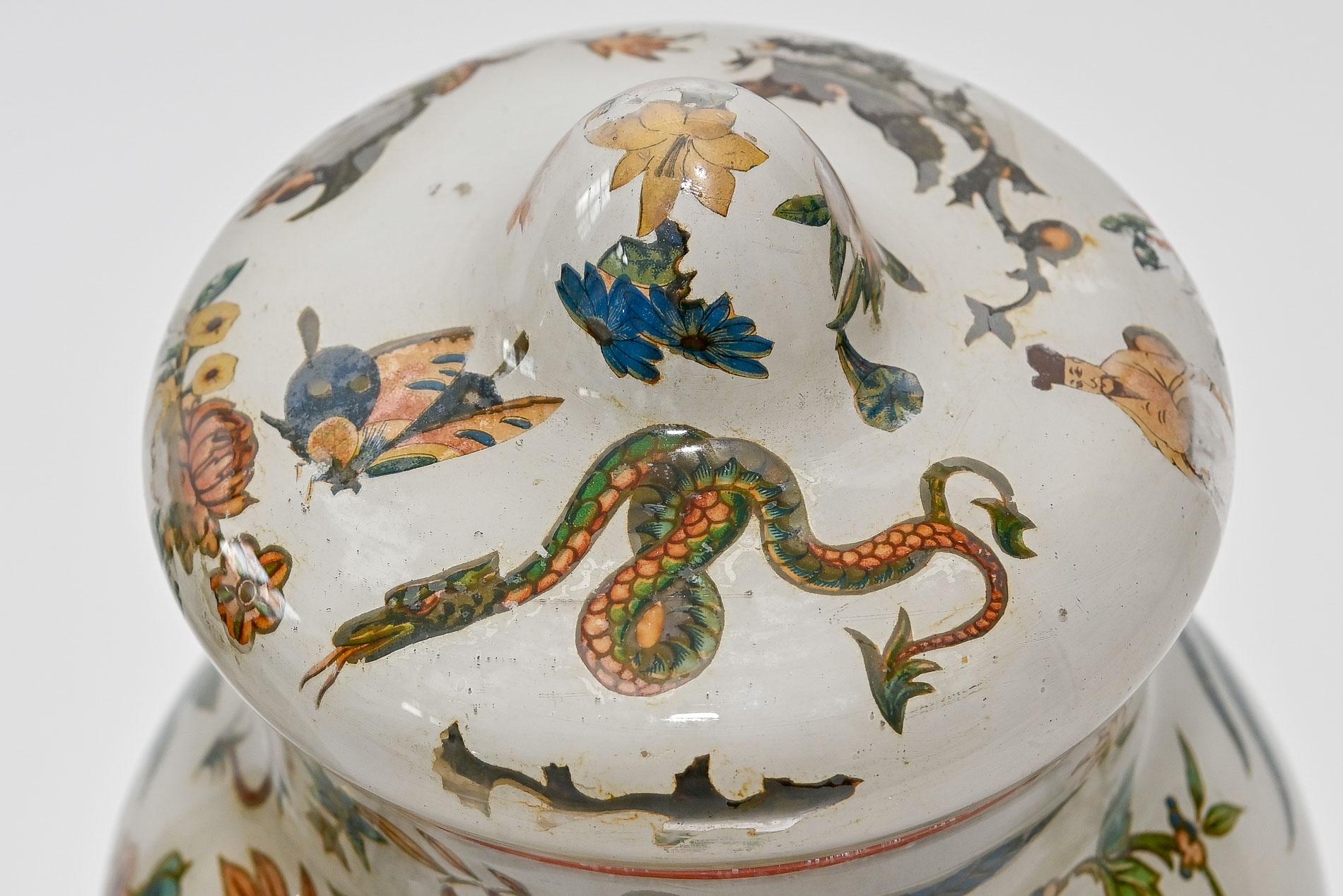 18th Century Pair Decalcomania Glass Vases Piemonte Italy Arte Povera 3