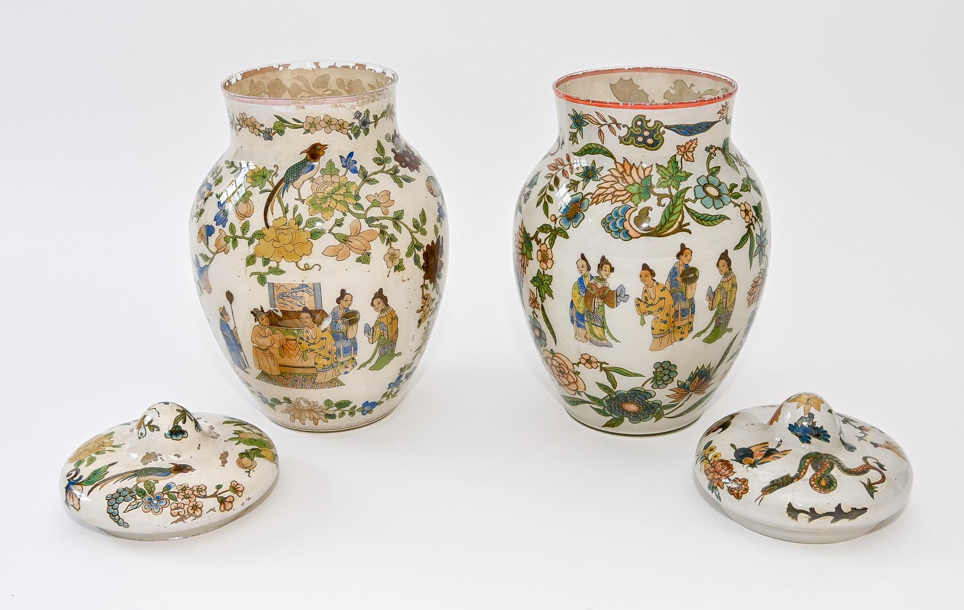 18th Century Pair Decalcomania Glass Vases Piemonte Italy Arte Povera 4