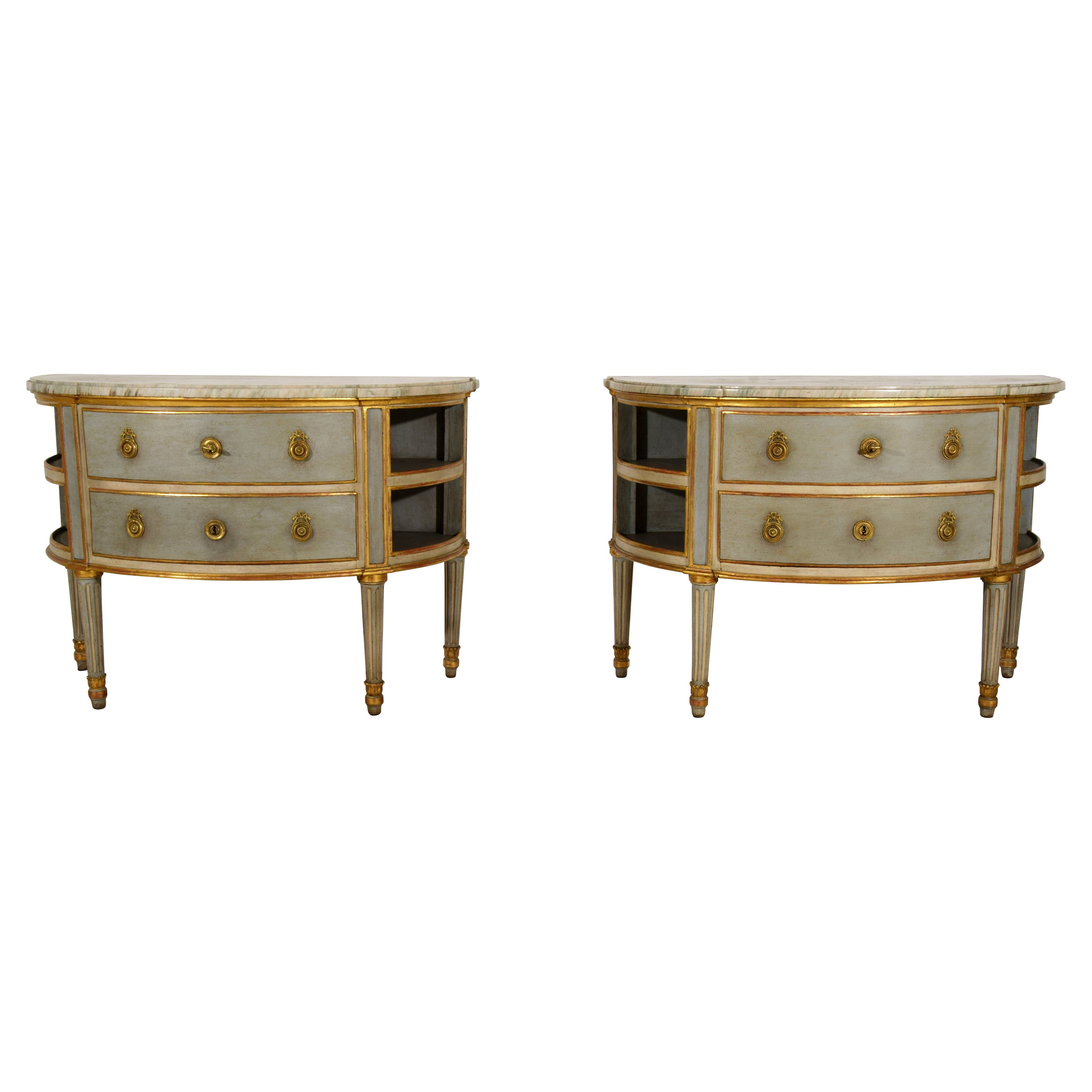 18th Century, Pair Demi-Lune Neoclassical Italian Lacquered Wood Chest ofDrawers For Sale