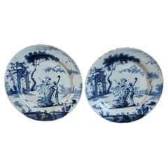 Antique 18th Century Pair English Blue And White Delft Plates