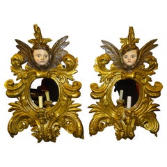 18th Century Pair Italian Mirrors , Candlestick Gildedwood