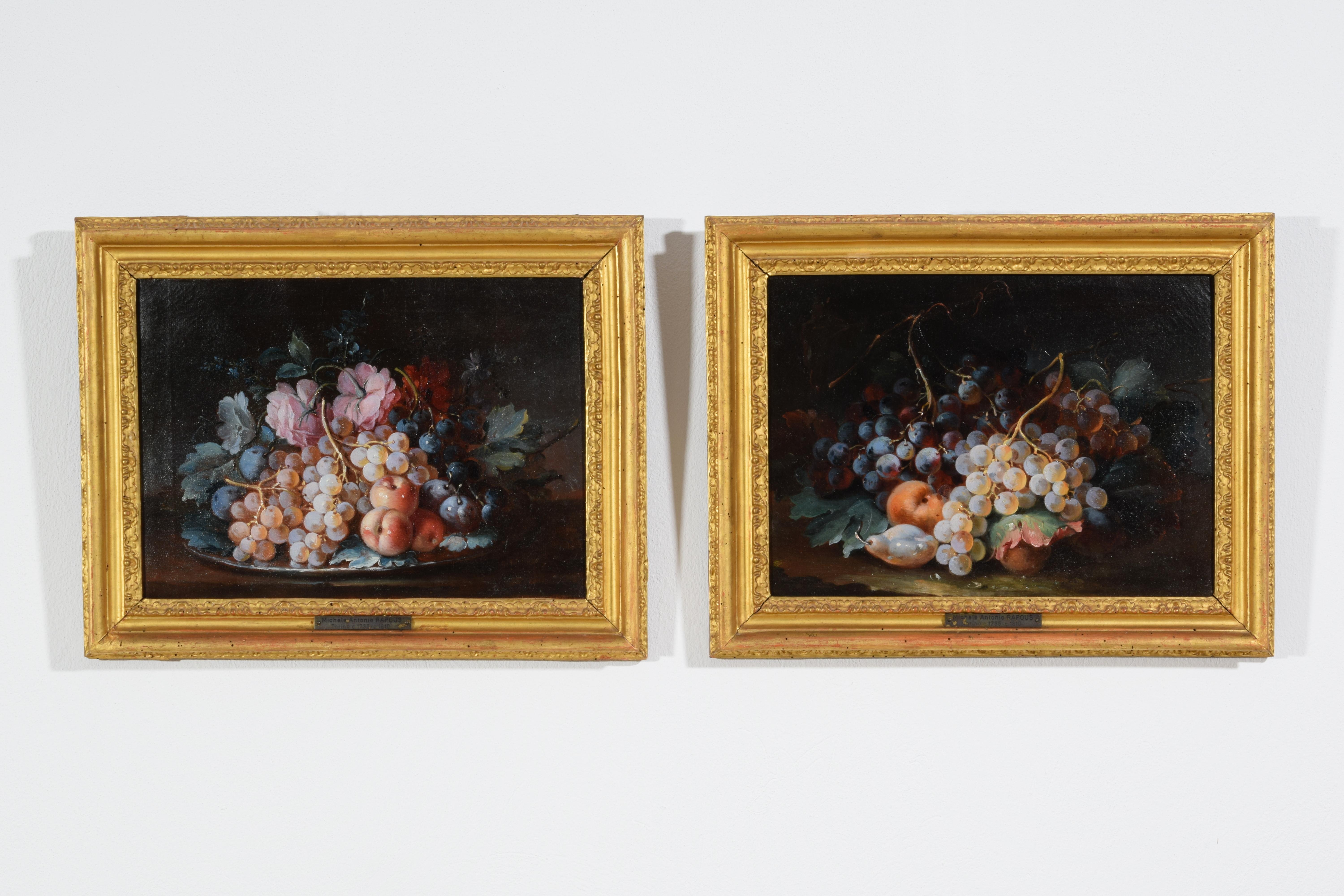 Michele Antonio Rapos (Turin 1733-1819)
Pair of paintings depicting Still Life with fruit composition
Oil on canvas, cm H 27 x L 36; frame cm H 37 x L 46 x P 3 

The two paintings beautiful workmanship depict two still lifes composed of fruit
