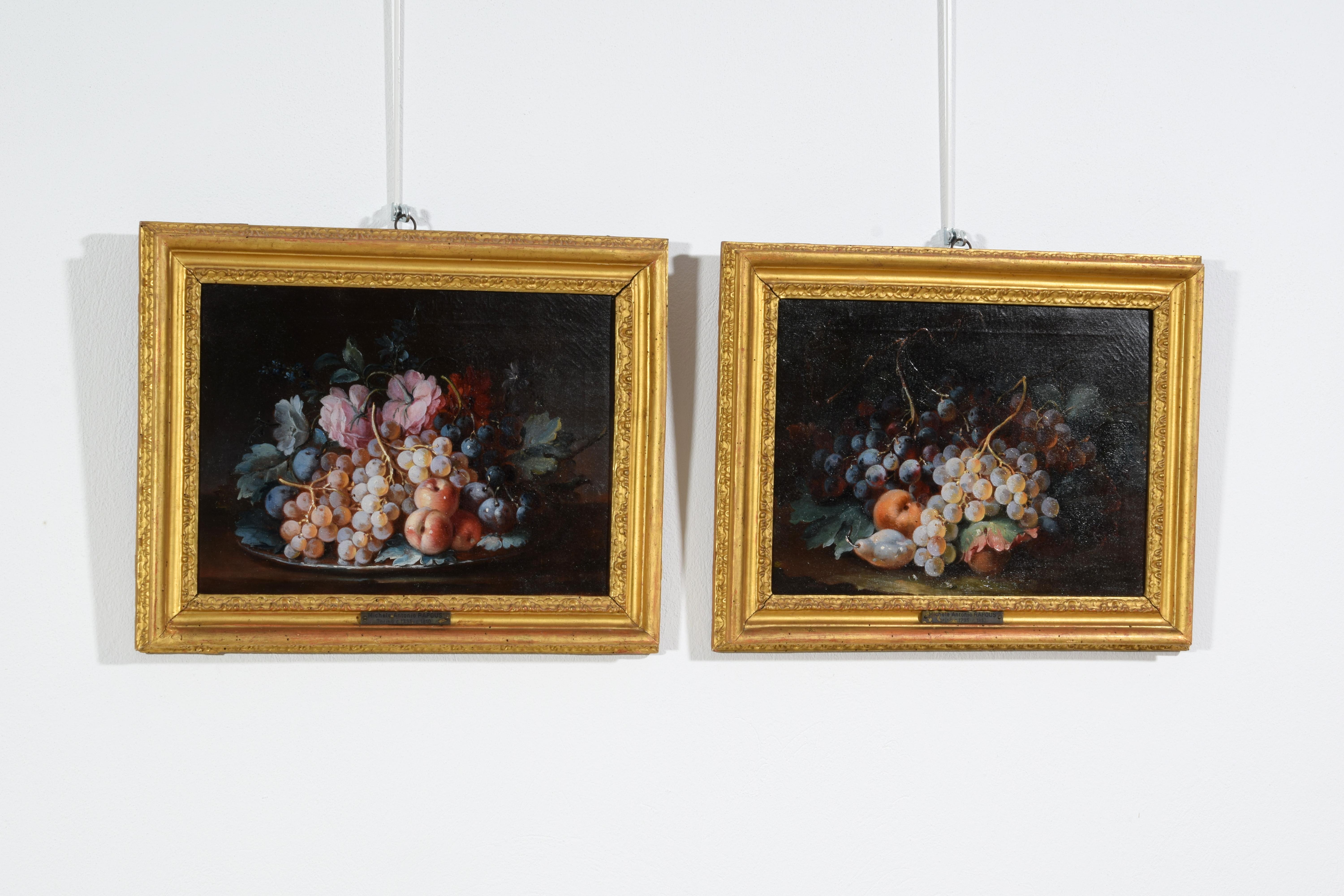 Hand-Carved 18th Century, Pair Italian Rococo Still Life Painting by Michele Antonio Rapous For Sale