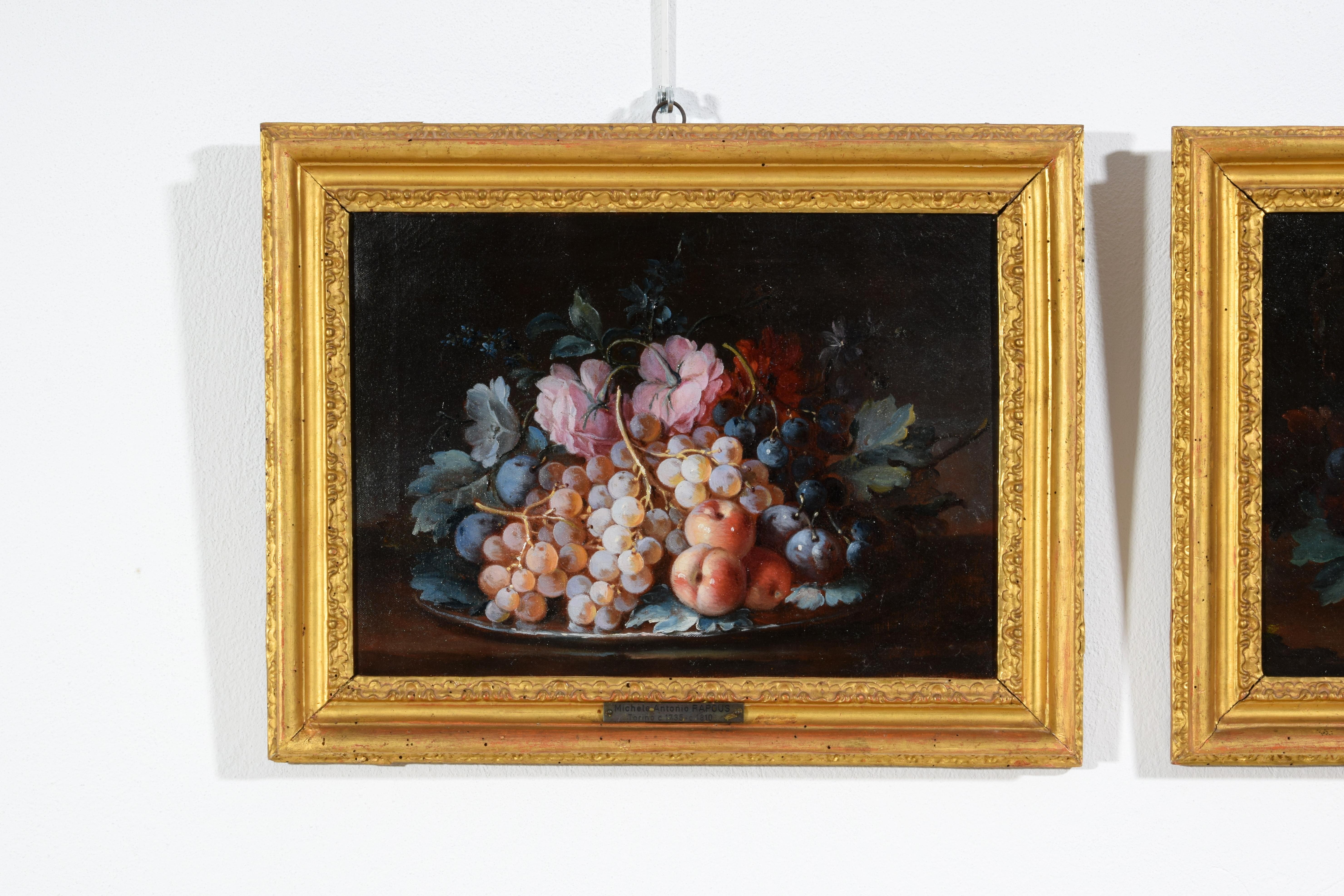 Canvas 18th Century, Pair Italian Rococo Still Life Painting by Michele Antonio Rapous For Sale