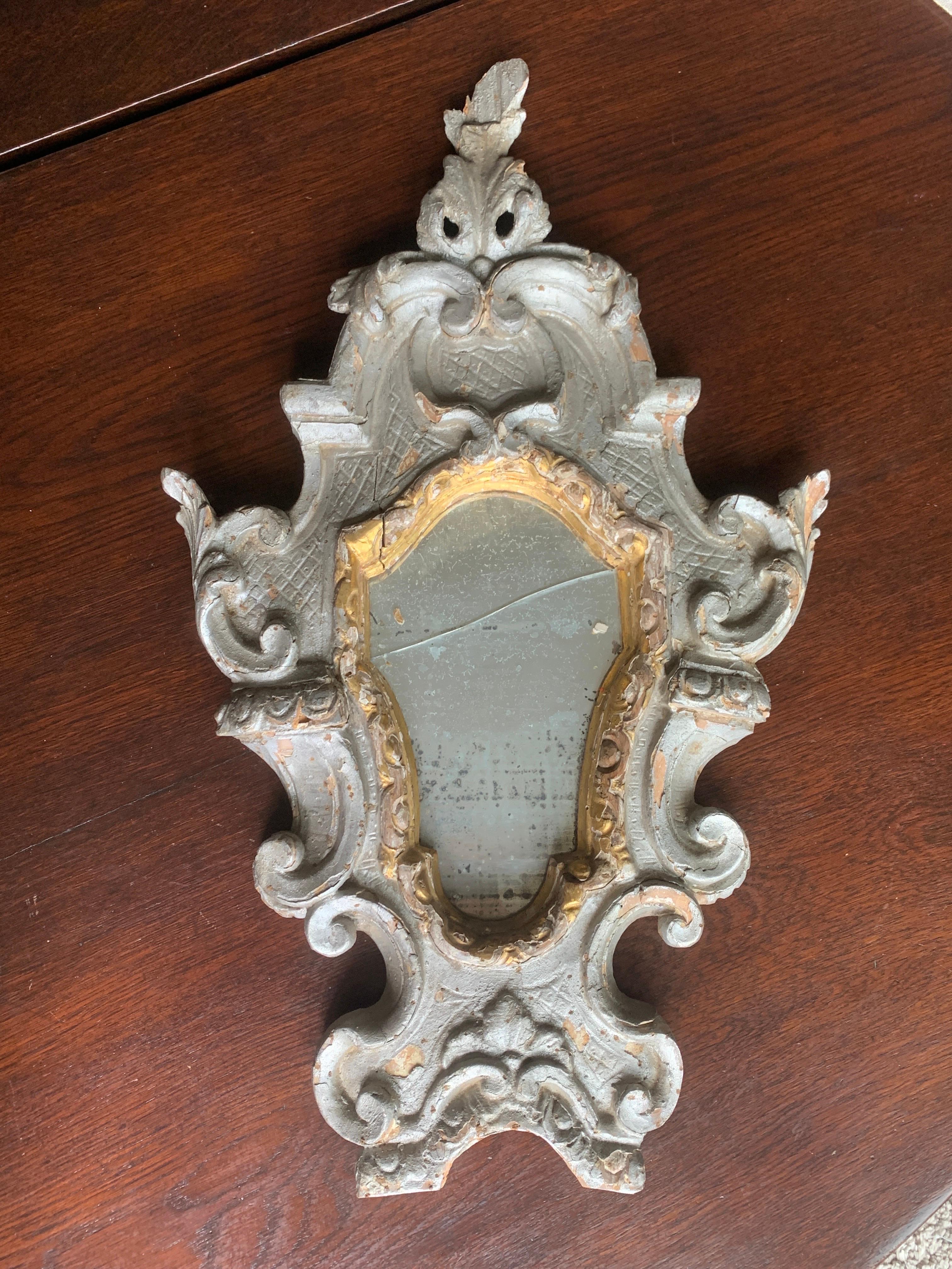 Hand-Carved 18th Century Pair of Antique Italian Hand Carved and Painted Wall Mirrors For Sale