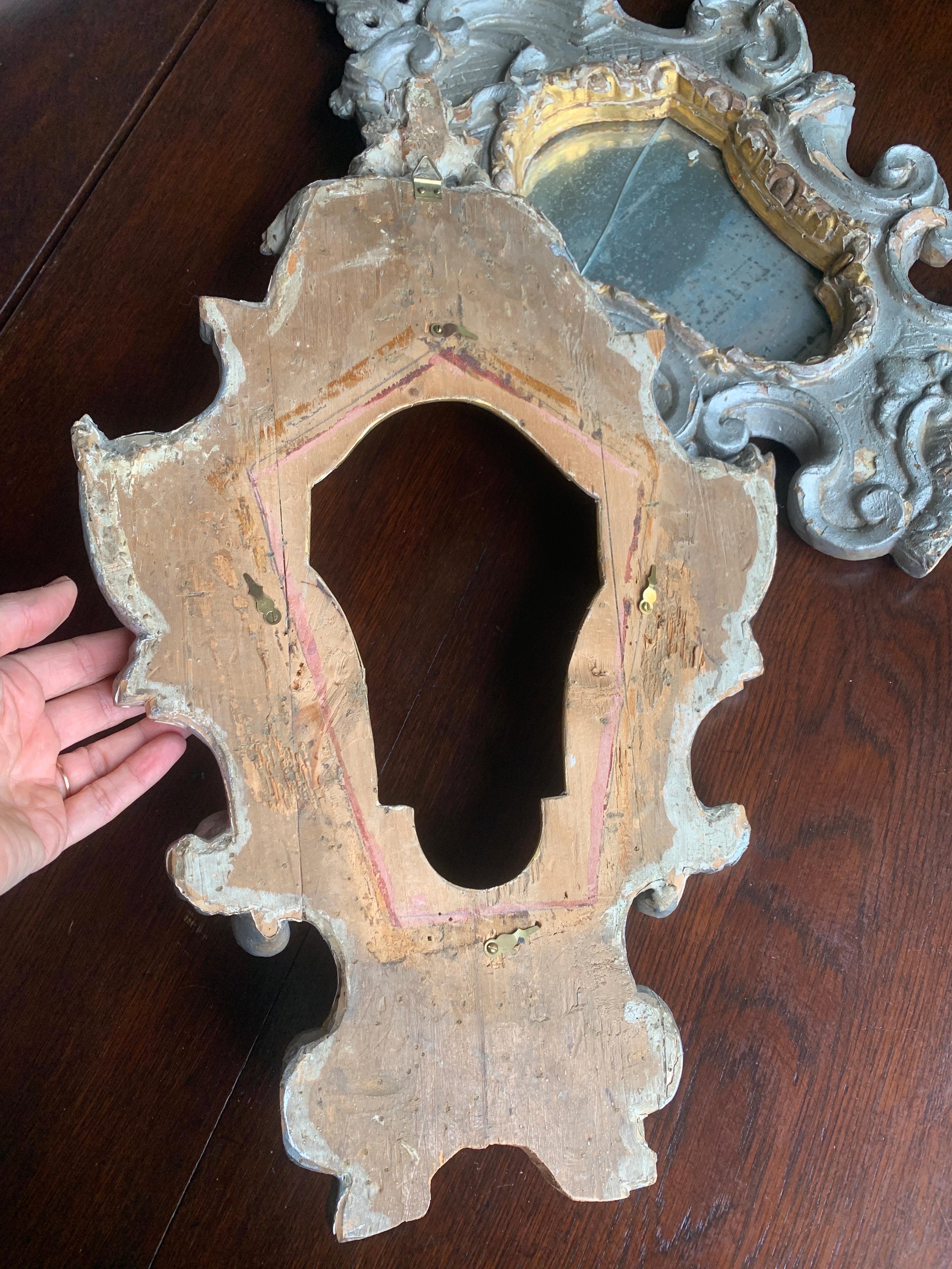 18th Century Pair of Antique Italian Hand Carved and Painted Wall Mirrors For Sale 1